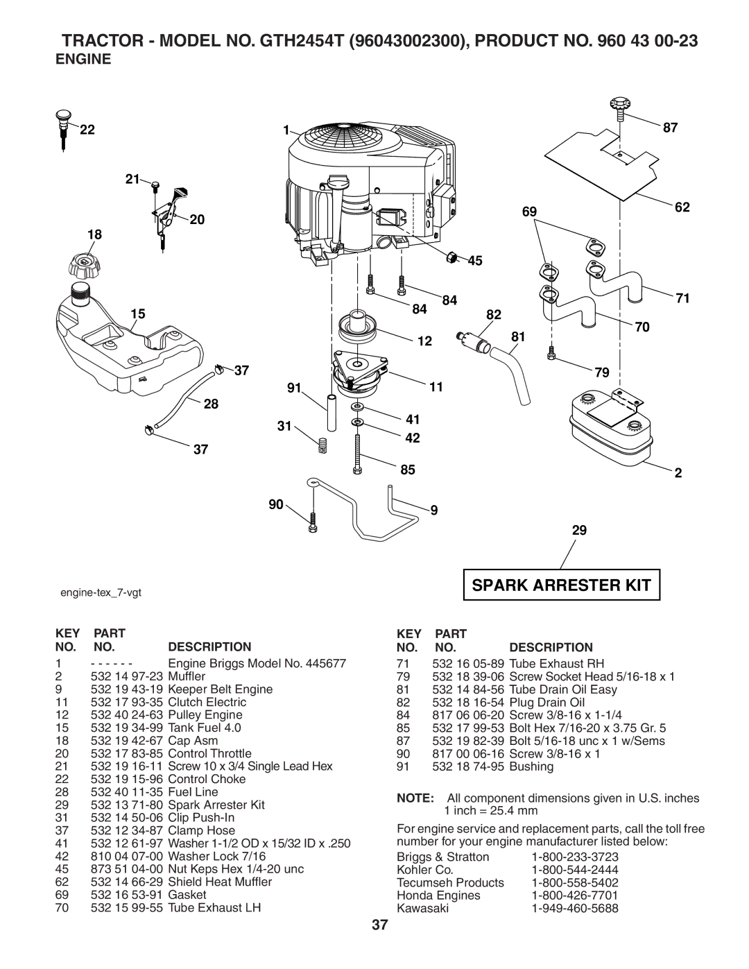 Husqvarna GTH2454T owner manual Spark Arrester KIT, Engine 