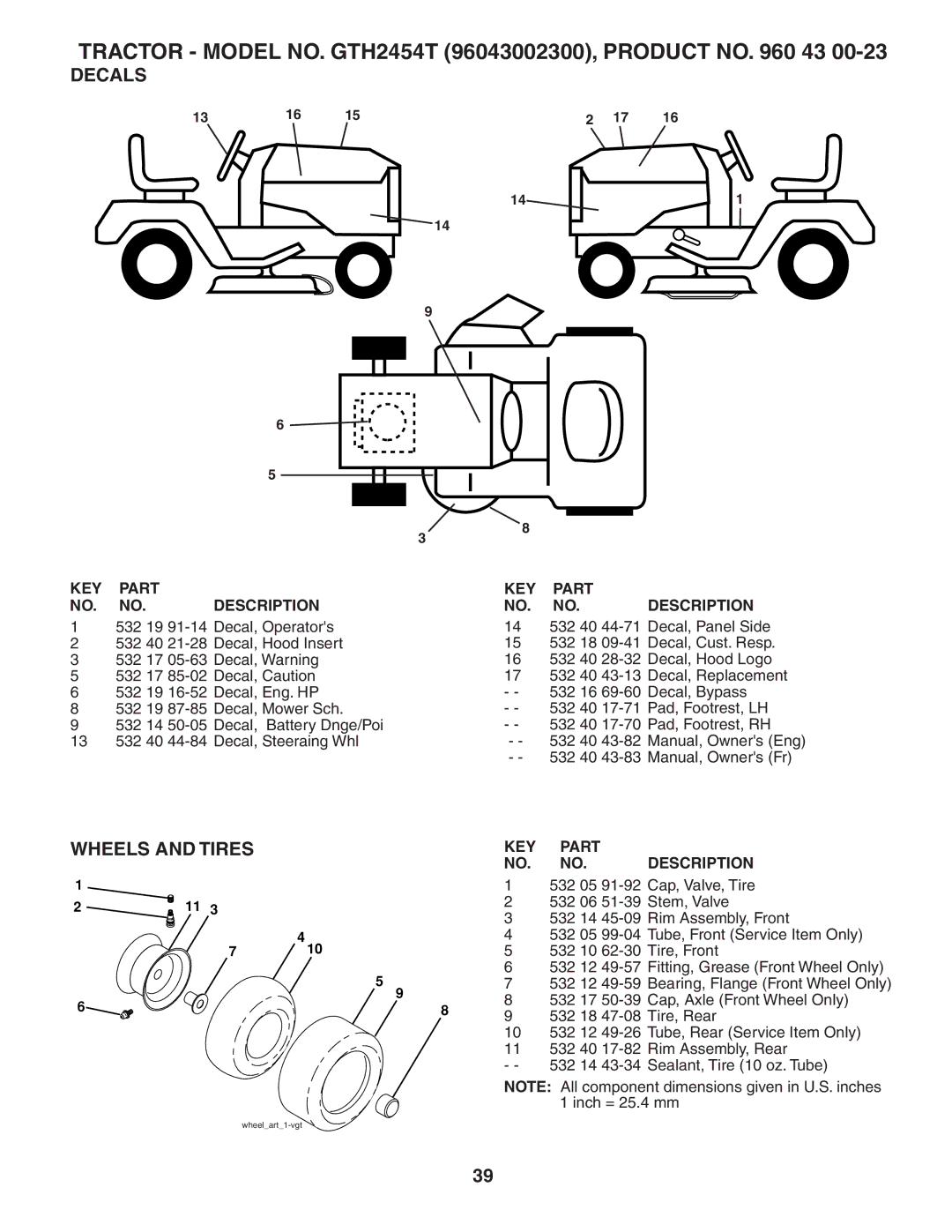 Husqvarna GTH2454T owner manual Decals, Wheels and Tires 