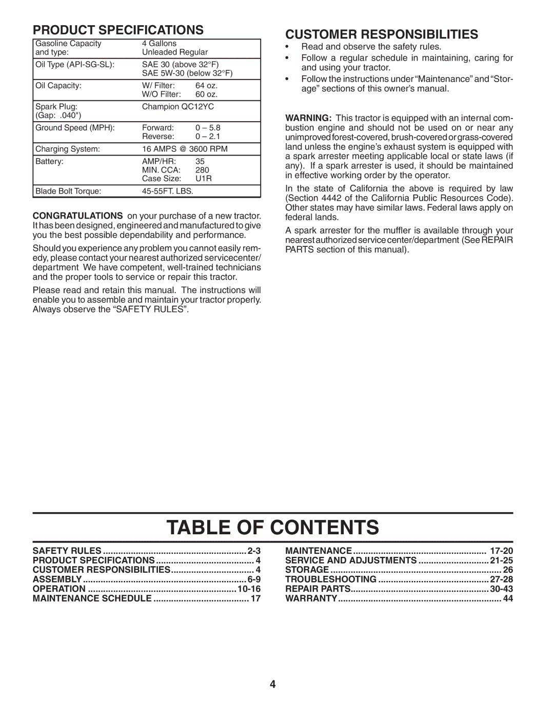 Husqvarna GTH2454T owner manual Table of Contents 