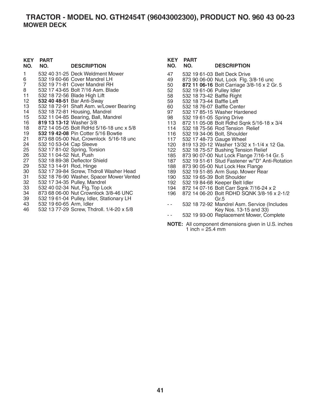 Husqvarna owner manual Tractor Model NO. GTH2454T 96043002300, Product no 43 