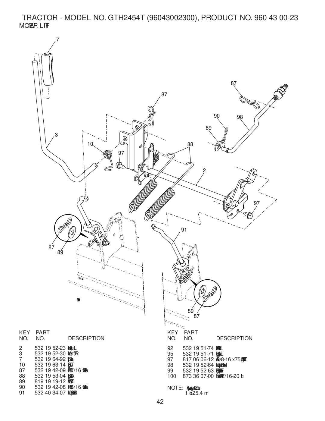 Husqvarna GTH2454T owner manual Mower Lift 