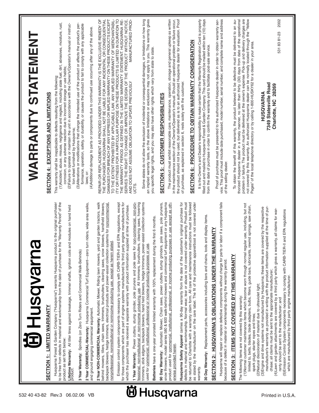 Husqvarna GTH2454T owner manual Warranty Statement 