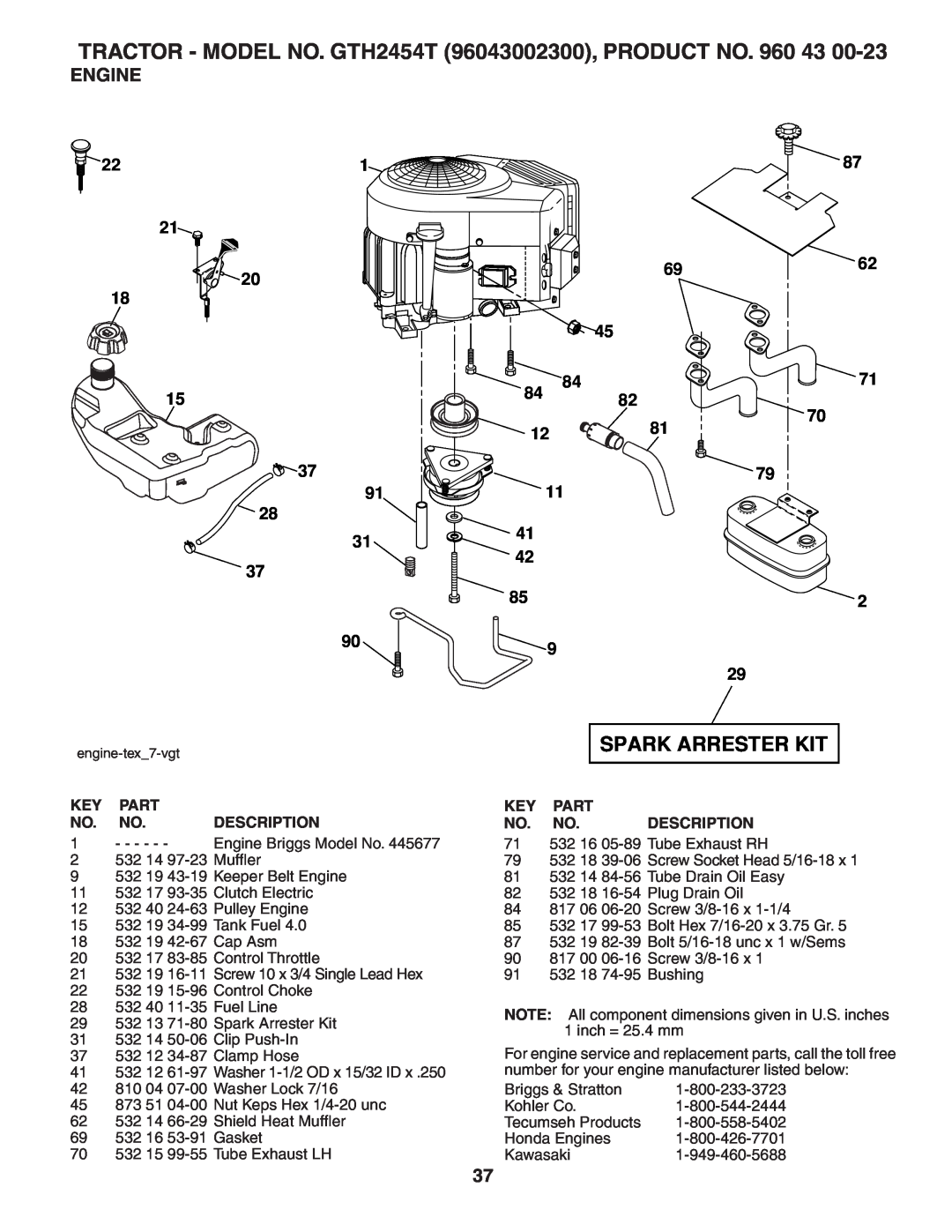 Husqvarna owner manual Engine, TRACTOR - MODEL NO. GTH2454T 96043002300, PRODUCT NO, Spark Arrester Kit 
