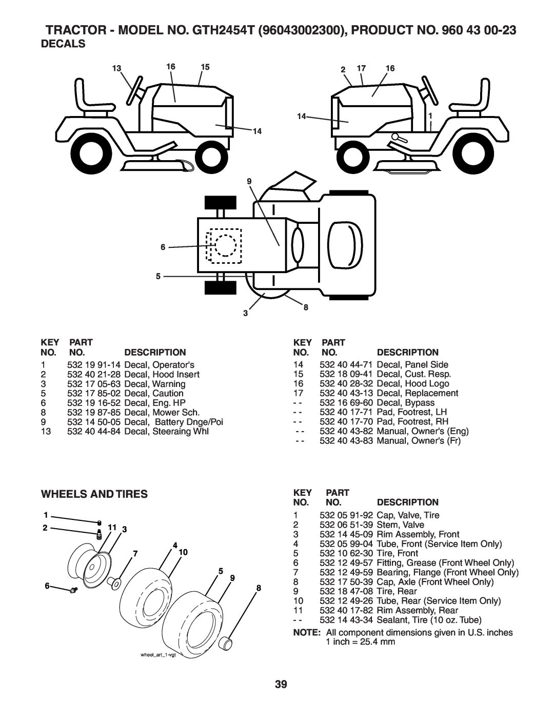 Husqvarna owner manual Decals, Wheels And Tires, TRACTOR - MODEL NO. GTH2454T 96043002300, PRODUCT NO, wheelart1-vgt 