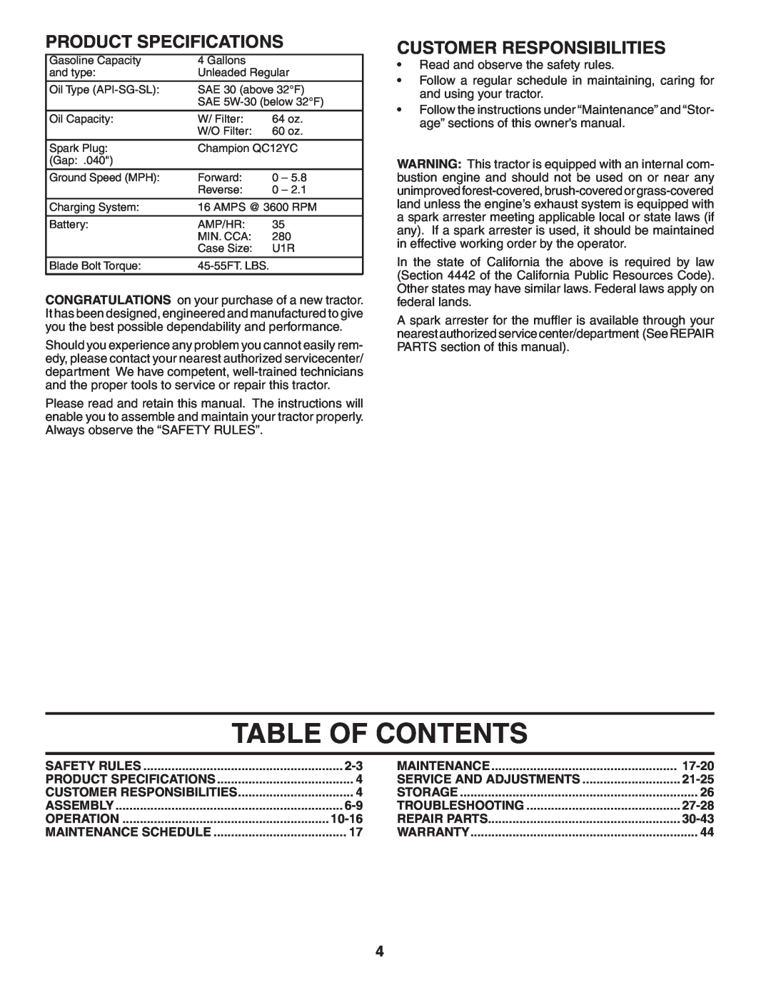 Husqvarna GTH2454T owner manual Table Of Contents, Product Specifications, Customer Responsibilities 