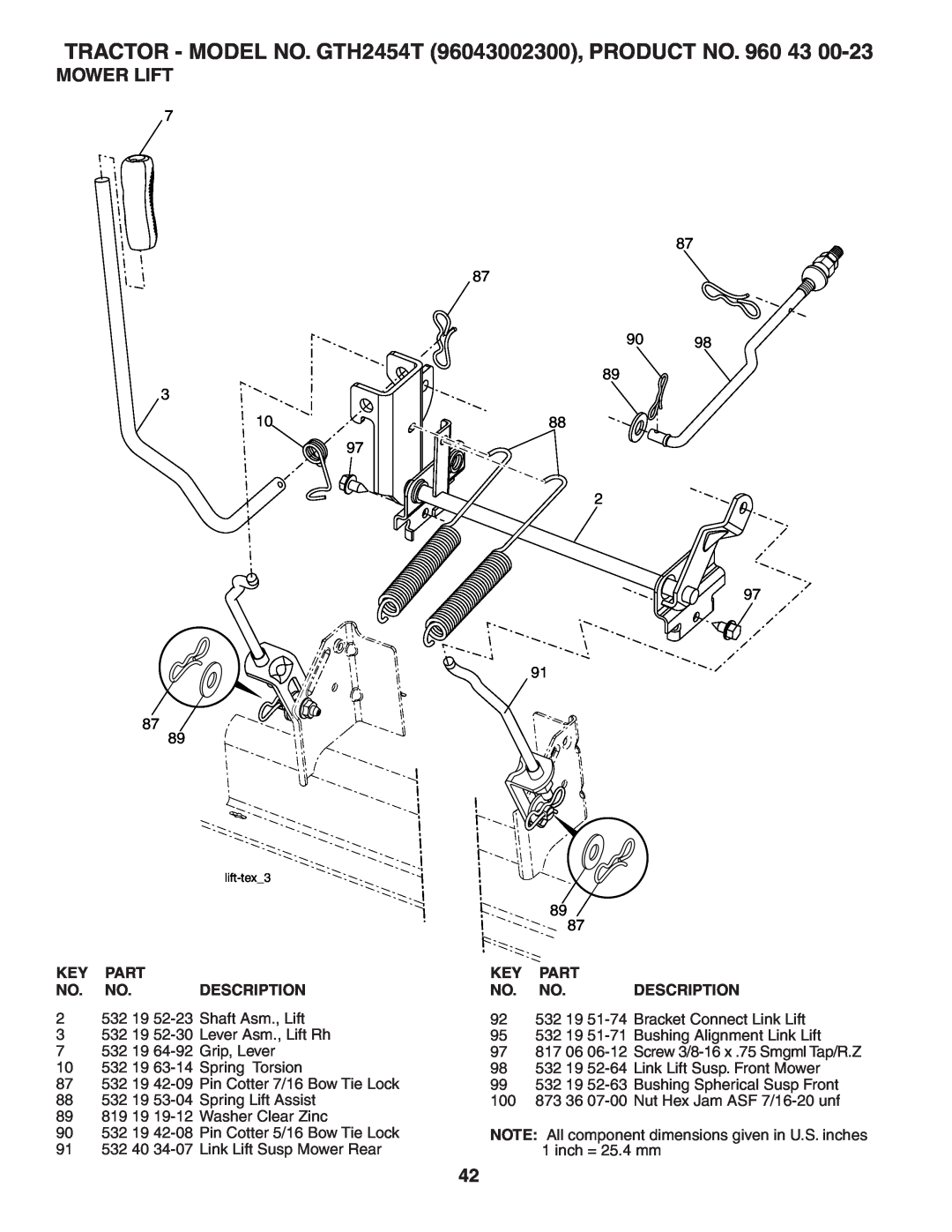 Husqvarna owner manual Mower Lift, TRACTOR - MODEL NO. GTH2454T 96043002300, PRODUCT NO, lift-tex3 