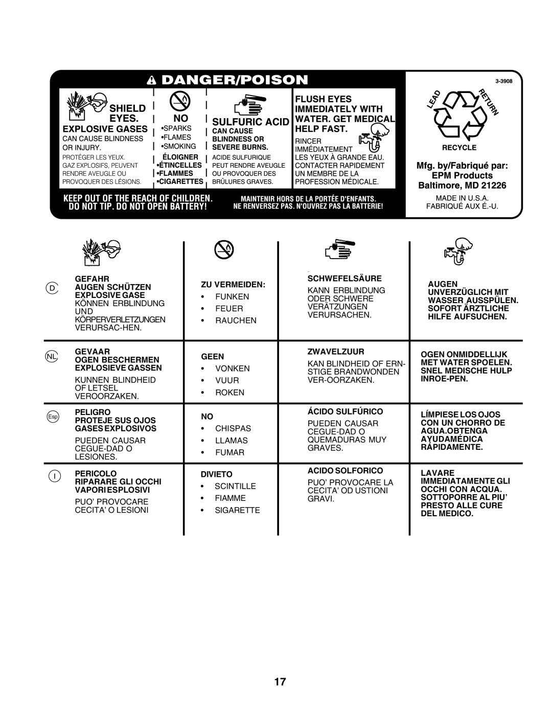 Husqvarna GTH250 instruction manual Gefahr ZU Vermeiden Schwefelsäure Augen Augen Schützen 