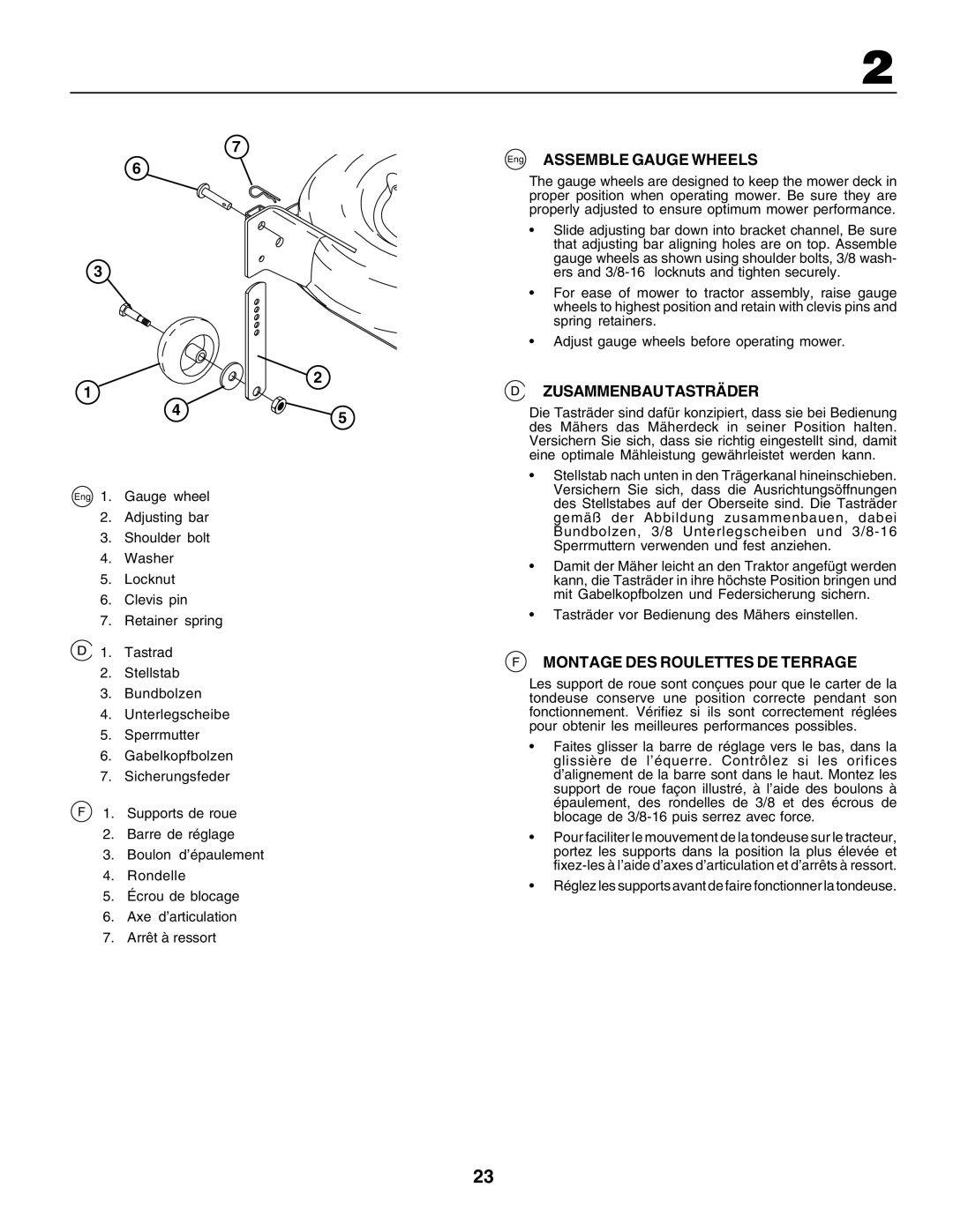 Husqvarna GTH250 instruction manual Eng Assemble Gauge Wheels, Zusammenbau Tasträder, Montage DES Roulettes DE Terrage 