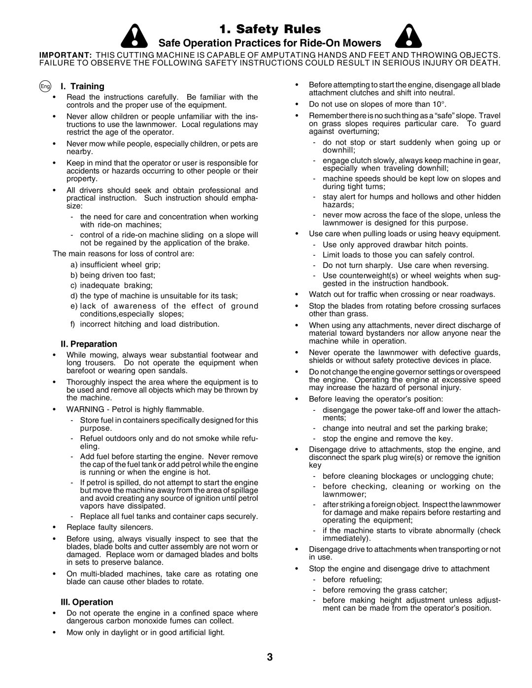 Husqvarna GTH250 instruction manual Safety Rules, Eng I. Training, II. Preparation, III. Operation 