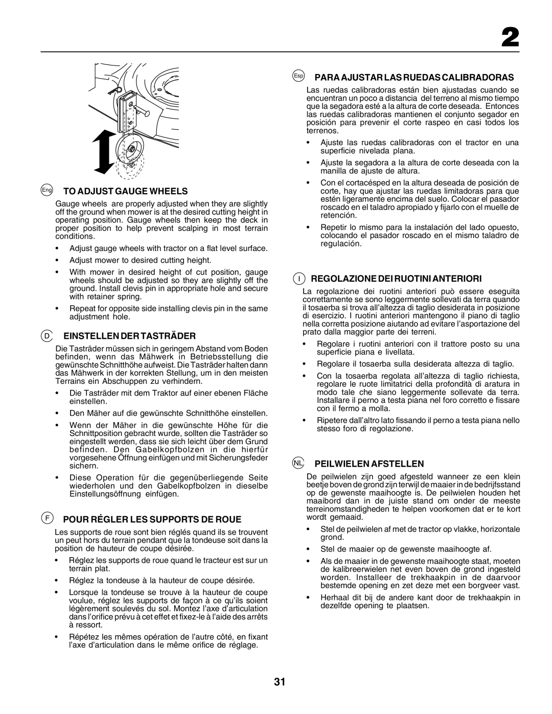 Husqvarna GTH250 Einstellen DER Tasträder, Pour Régler LES Supports DE Roue, Regolazione DEI Ruotini Anteriori 