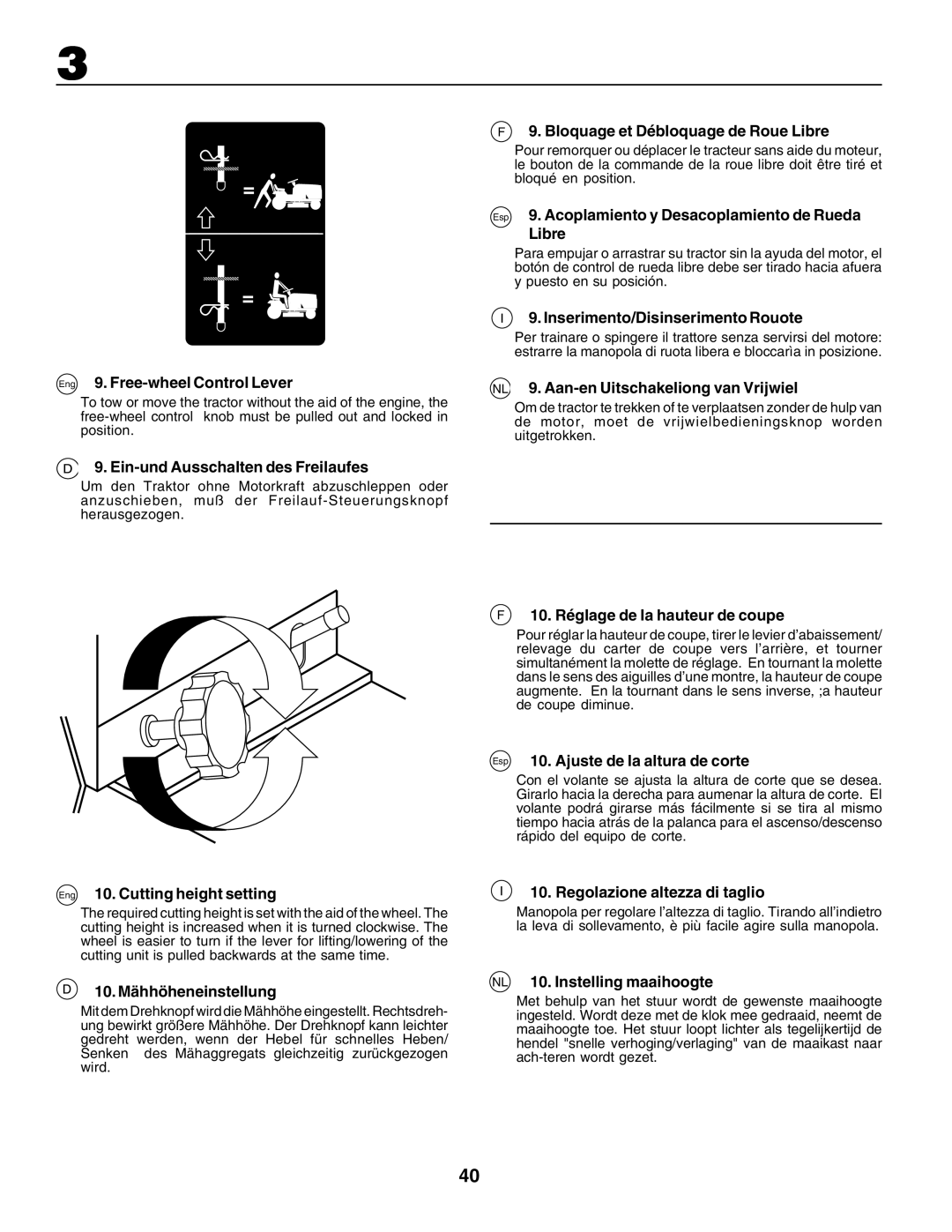Husqvarna GTH250 Eng 9. Free-wheel Control Lever, Ein-und Ausschalten des Freilaufes, Eng 10. Cutting height setting 