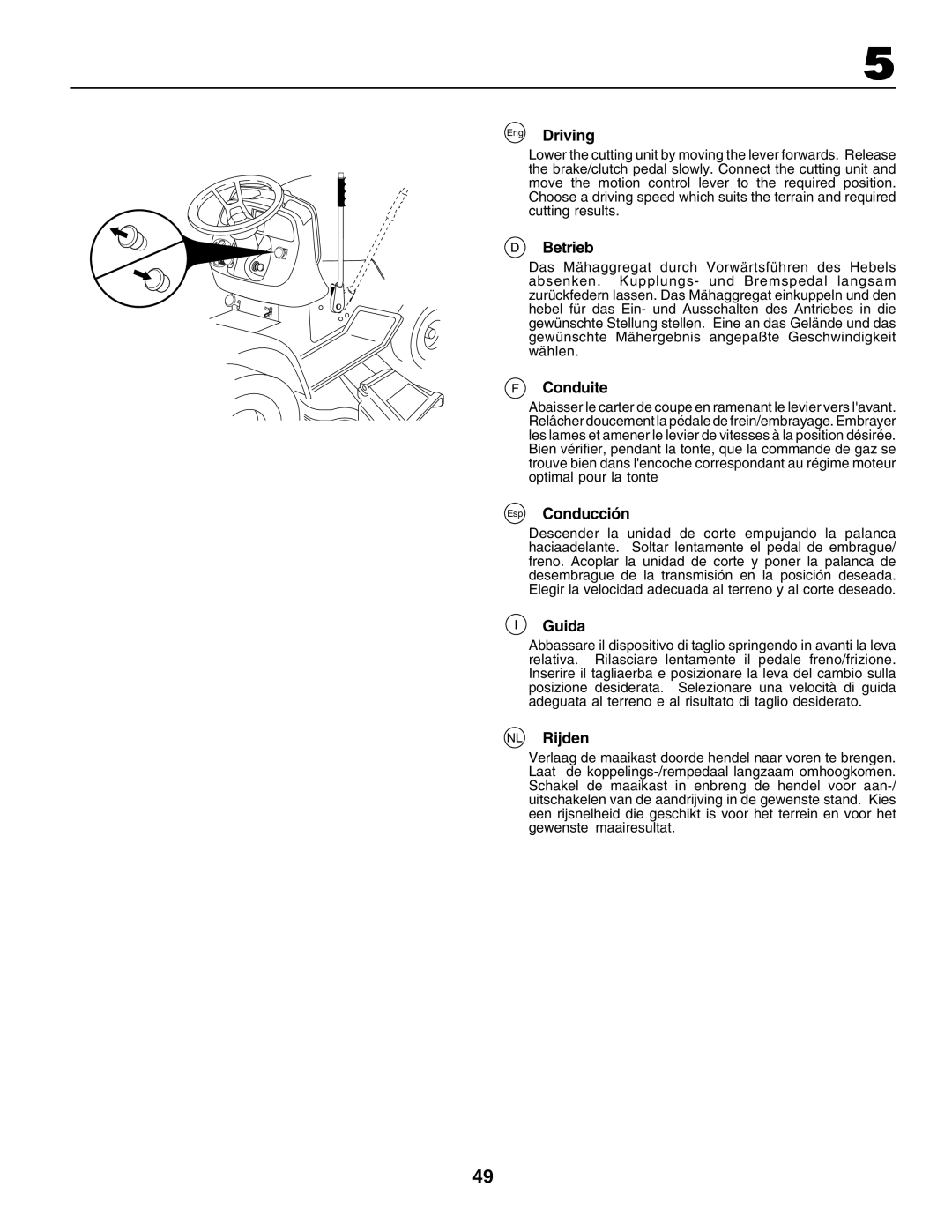 Husqvarna GTH250 instruction manual Eng Driving, Betrieb, Conduite, Esp Conducción, Guida, NL Rijden 