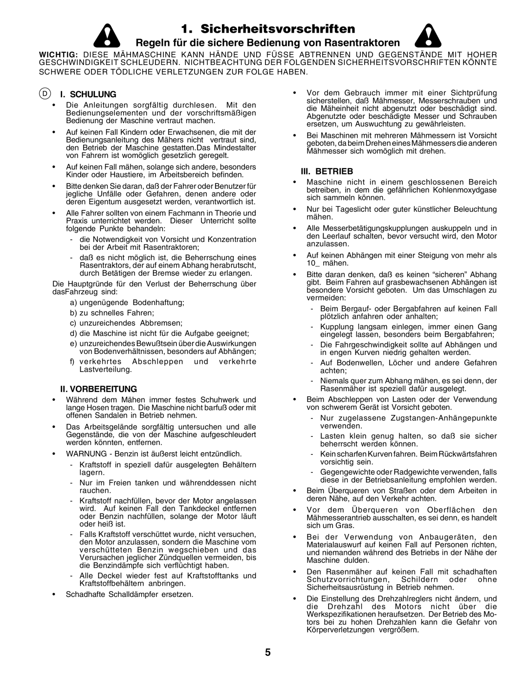 Husqvarna GTH250 instruction manual Sicherheitsvorschriften, Schulung, II. Vorbereitung, III. Betrieb 