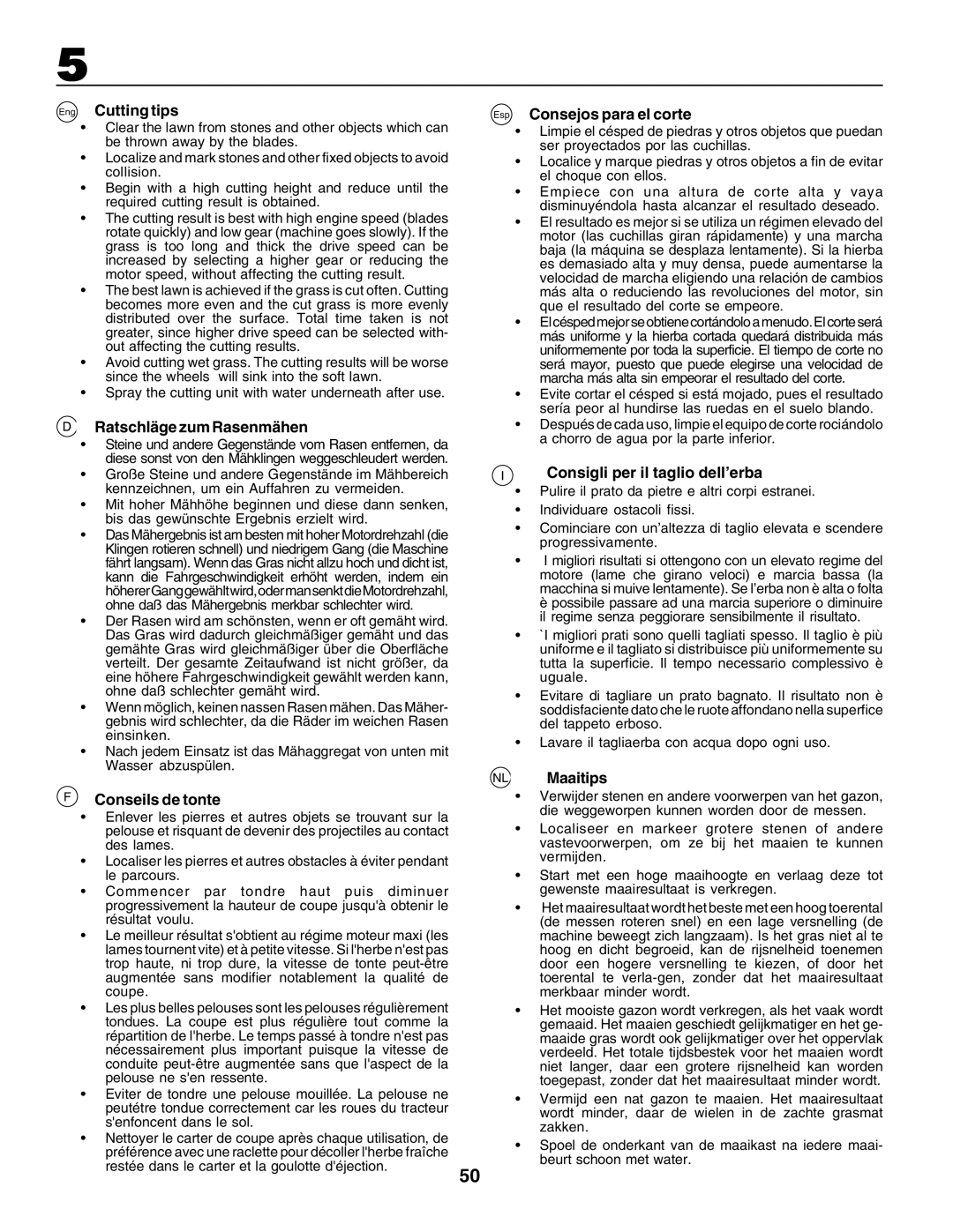 Husqvarna GTH250 Eng Cutting tips, Ratschläge zum Rasenmähen, Conseils de tonte, Esp Consejos para el corte, NL Maaitips 