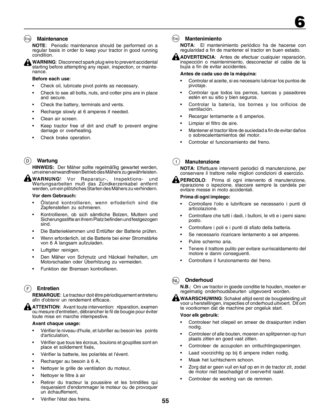 Husqvarna GTH250 instruction manual Eng Maintenance, Esp Mantenimiento, Wartung, Entretien, Manutenzione, NL Onderhoud 