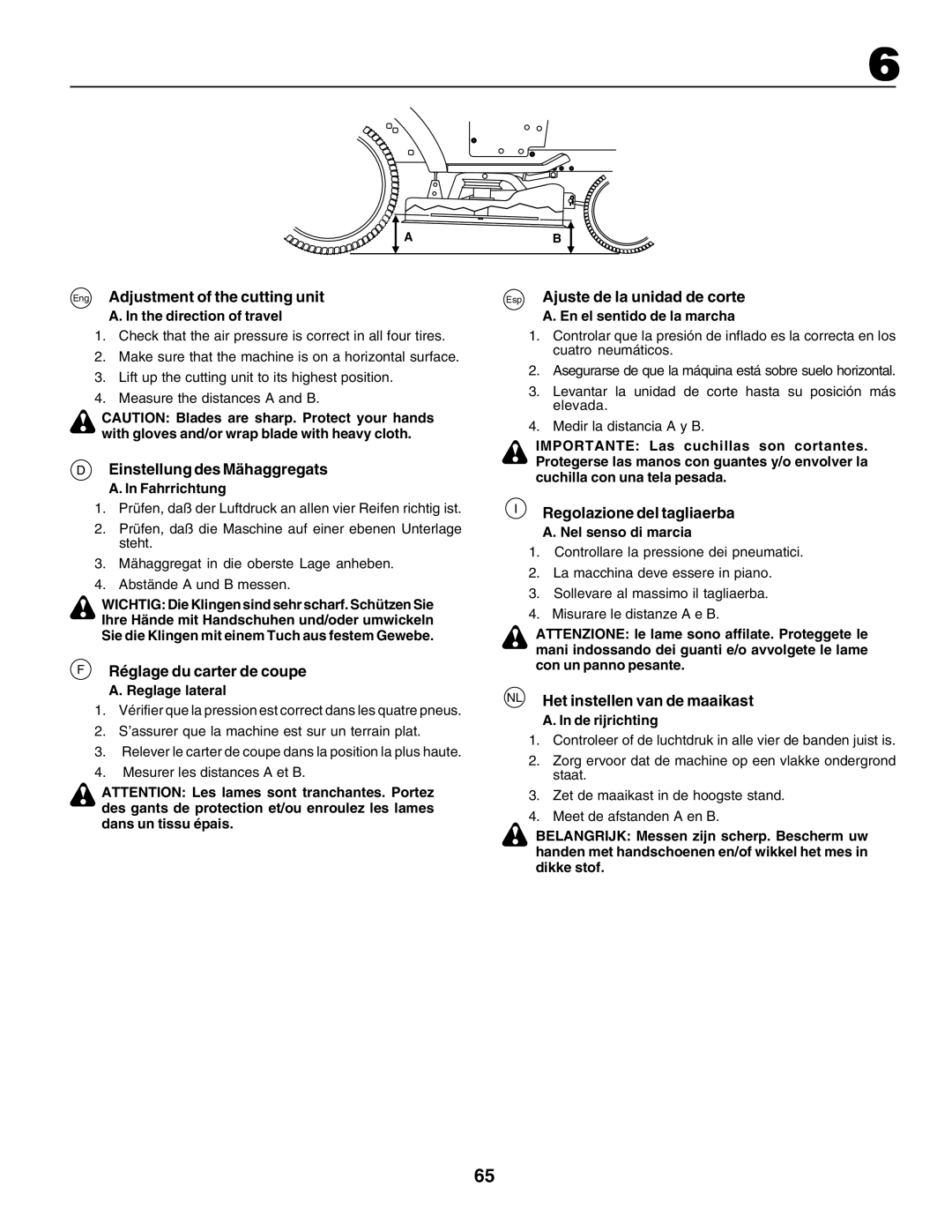 Husqvarna GTH250 instruction manual Einstellung des Mähaggregats, Réglage du carter de coupe, Regolazione del tagliaerba 