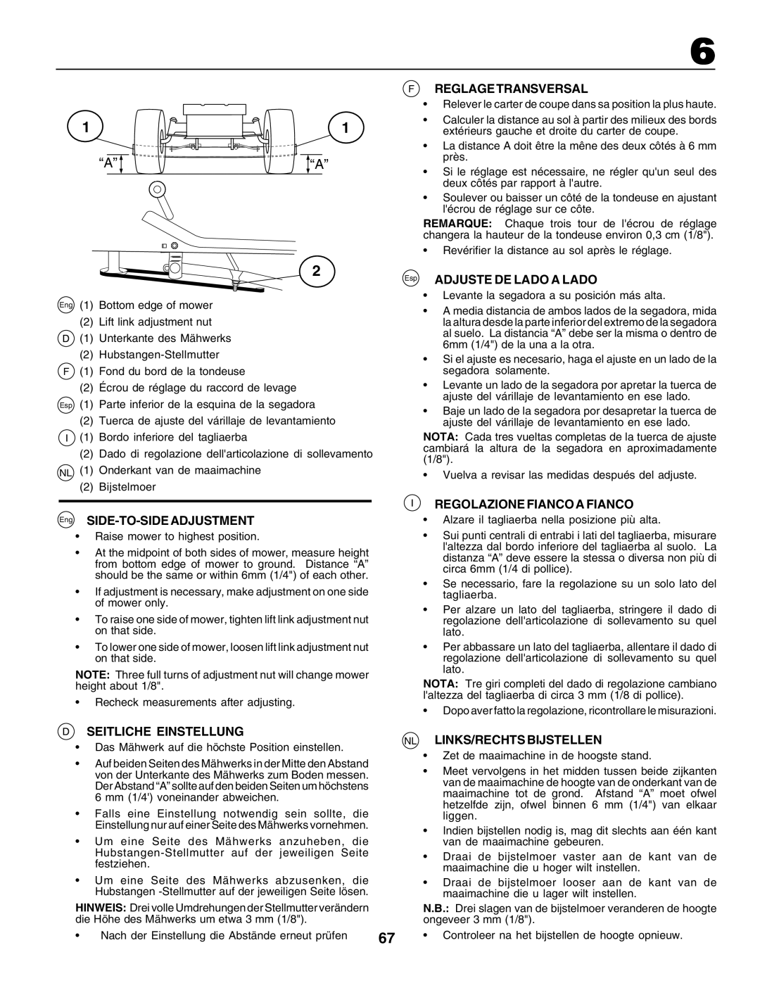 Husqvarna GTH250 Reglage Transversal, Esp Adjuste DE Lado a Lado, SIDE-TO-SIDE Adjustment Regolazione Fianco a Fianco 