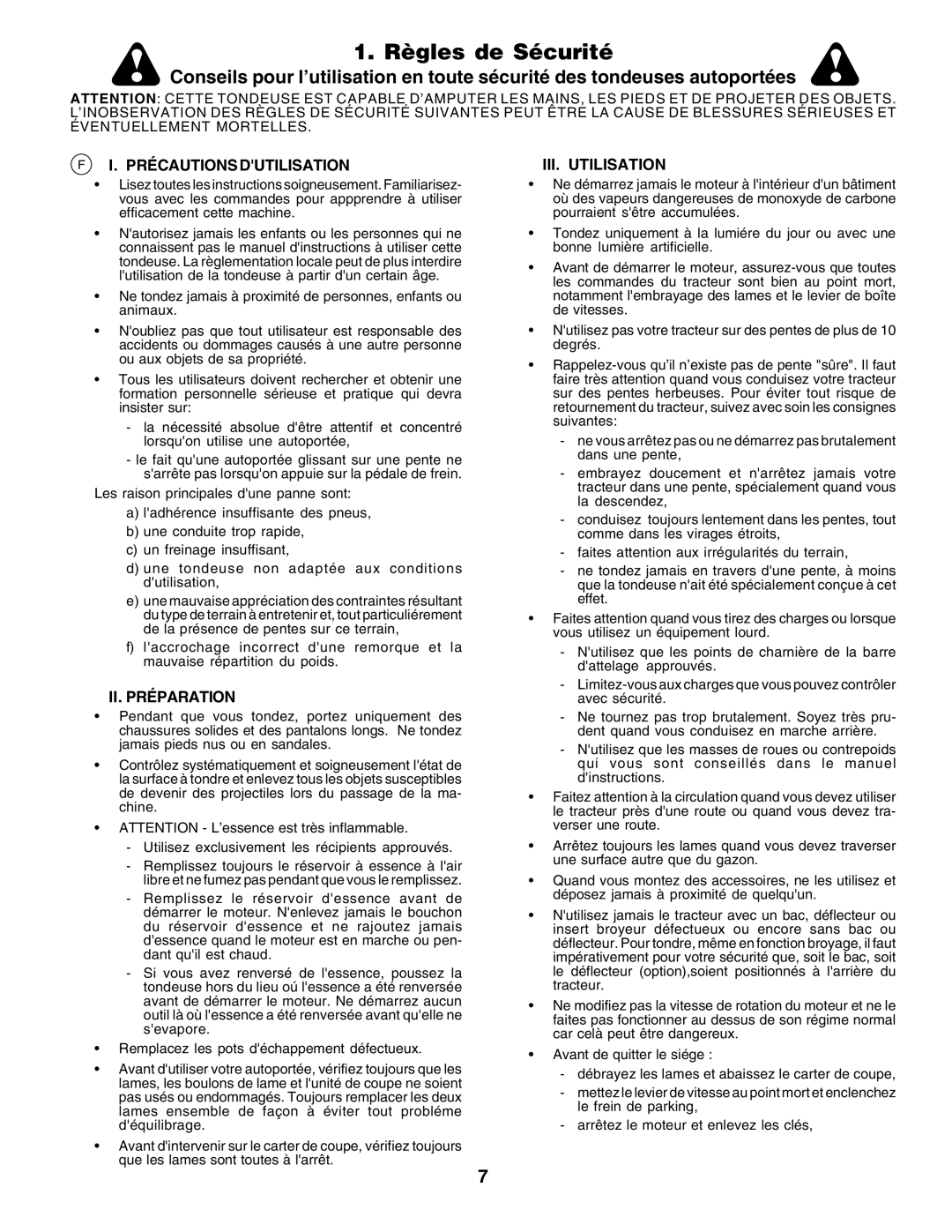 Husqvarna GTH250 instruction manual Règles de Sécurité, Précautions Dutilisation, II. Préparation, III. Utilisation 