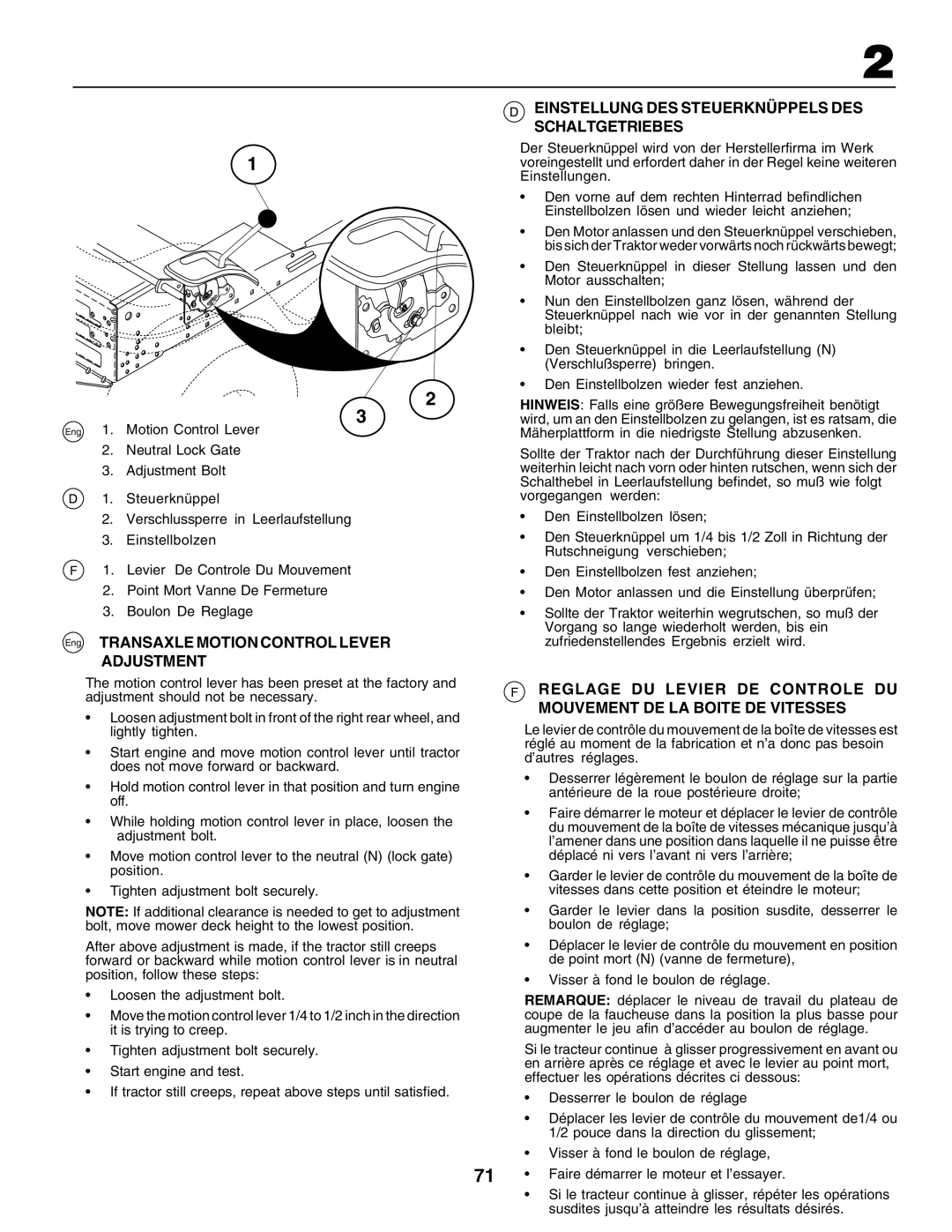 Husqvarna GTH250 Eng Transaxle Motion Control Lever, Adjustment, Einstellung DES Steuerknüppels DES Schaltgetriebes 