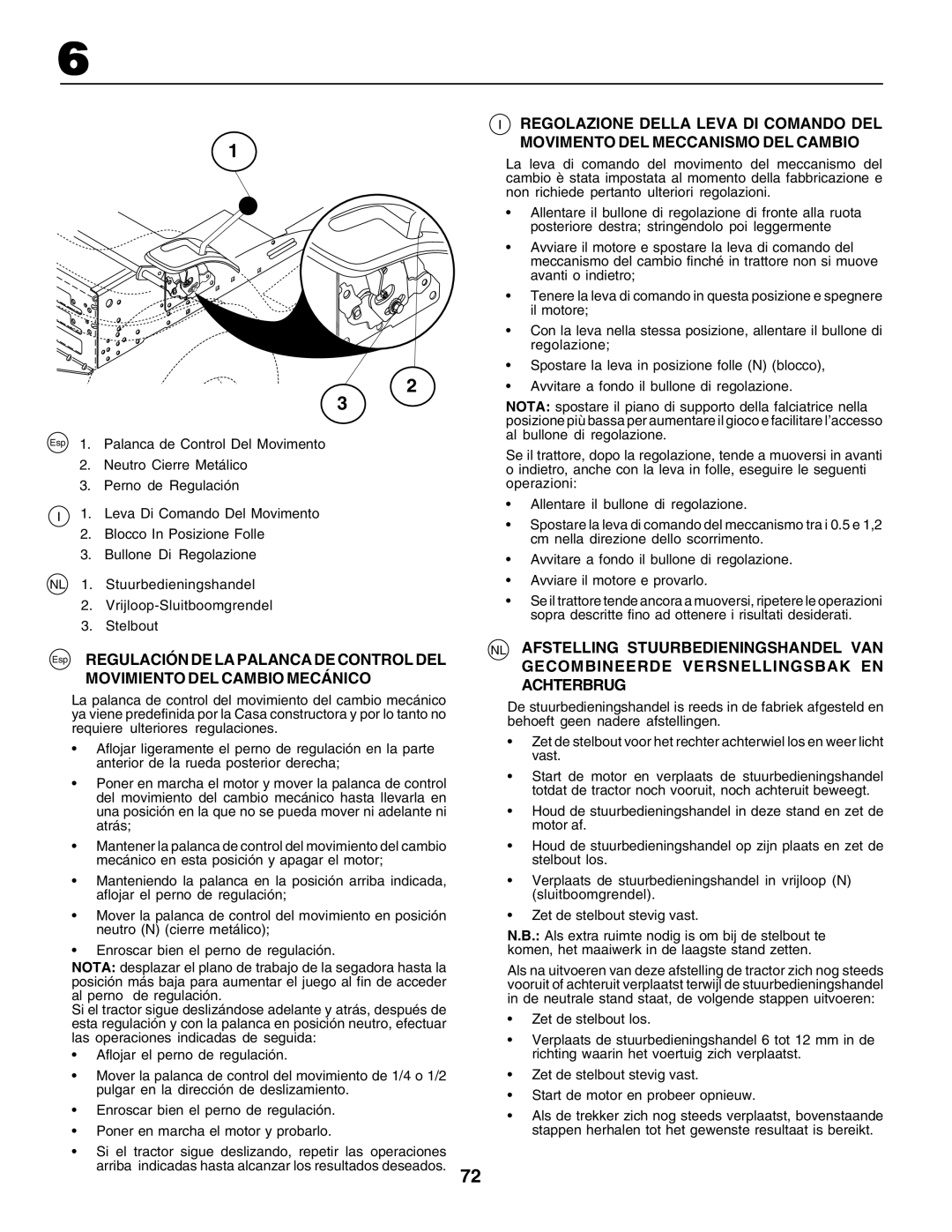 Husqvarna GTH250 instruction manual Esp Regulación DE LA Palanca DE Control DEL, Movimiento DEL Cambio Mecánico 