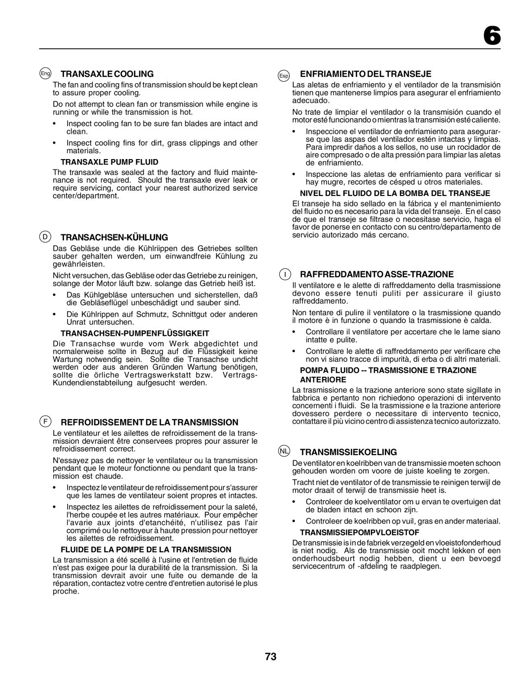 Husqvarna GTH250 instruction manual Transachsen-Kühlung, Refroidissement DE LA Transmission, Raffreddamentoasse-Trazione 