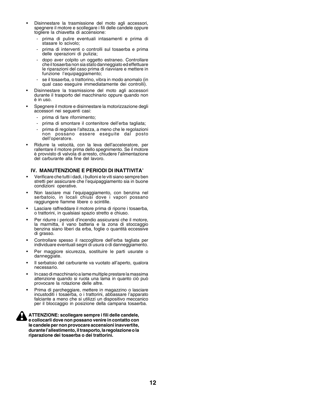 Husqvarna GTH250 instruction manual Iv. Manutenzione E Periodi Di Inattivita’ 