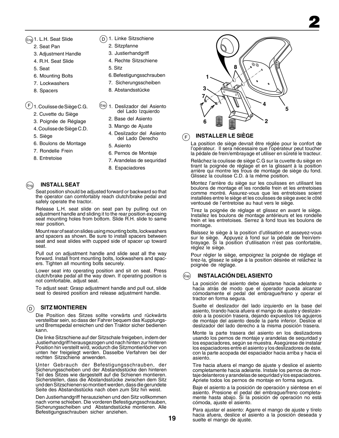 Husqvarna GTH250 instruction manual Eng INSTALL SEAT, F Installer Le Siège, Esp INSTALACIÓN DEL ASIENTO, Sitz Montieren 