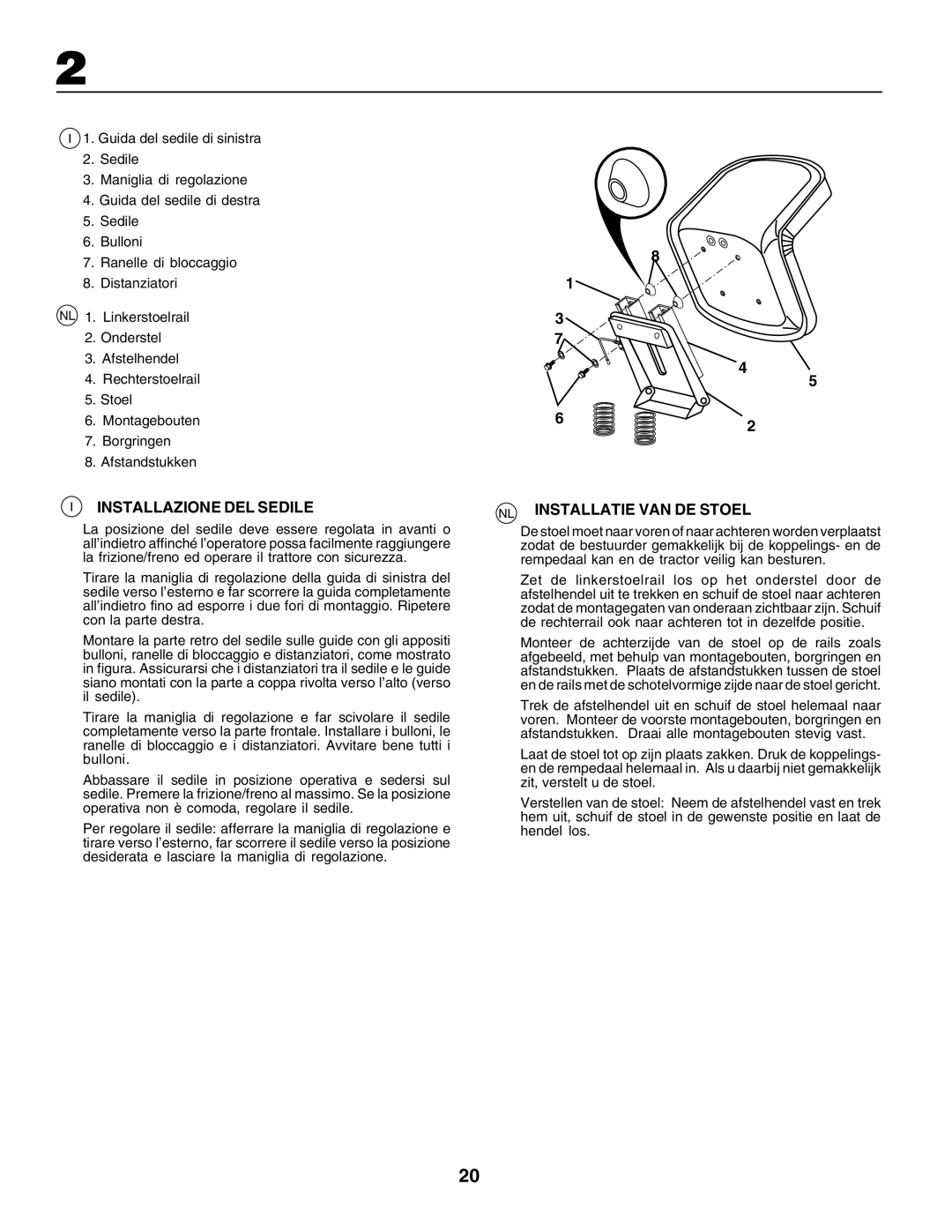 Husqvarna GTH250 instruction manual Installazione Del Sedile, Nl Installatie Van De Stoel 