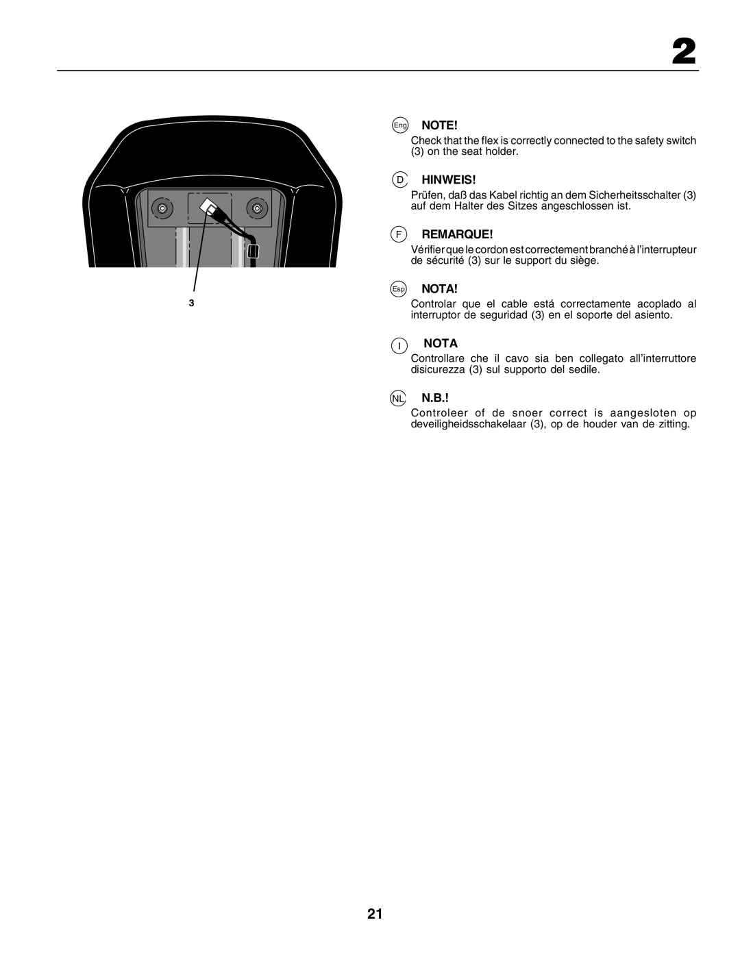 Husqvarna GTH250 instruction manual Hinweis, Remarque, Nota, on the seat holder 