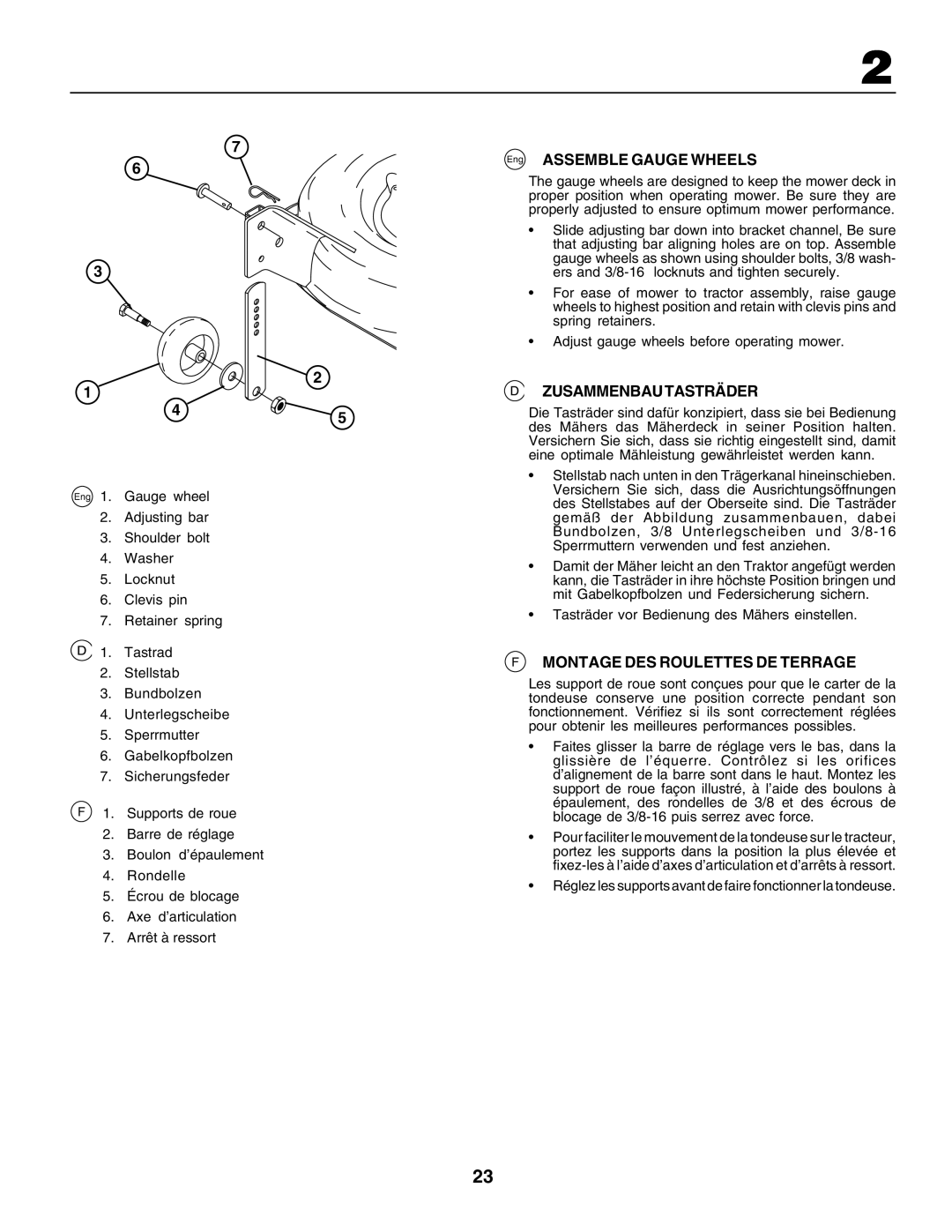 Husqvarna GTH250 instruction manual Eng ASSEMBLE GAUGE WHEELS, Zusammenbau Tasträder, F Montage Des Roulettes De Terrage 