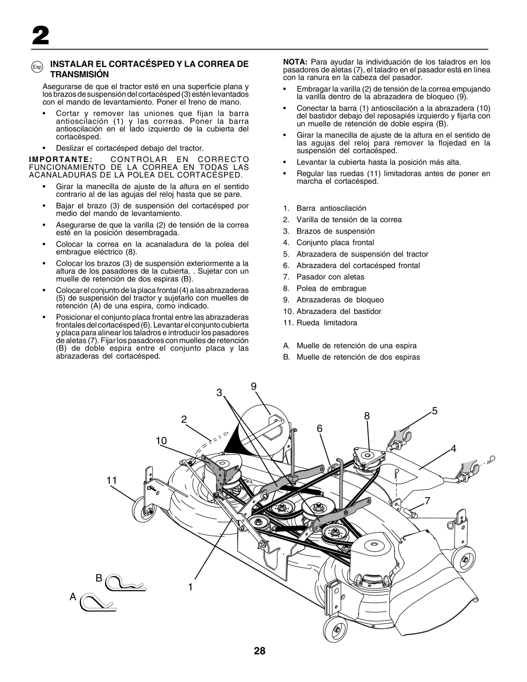 Husqvarna GTH250 instruction manual Esp INSTALAR EL CORTACÉSPED Y LA CORREA DE TRANSMISIÓN 