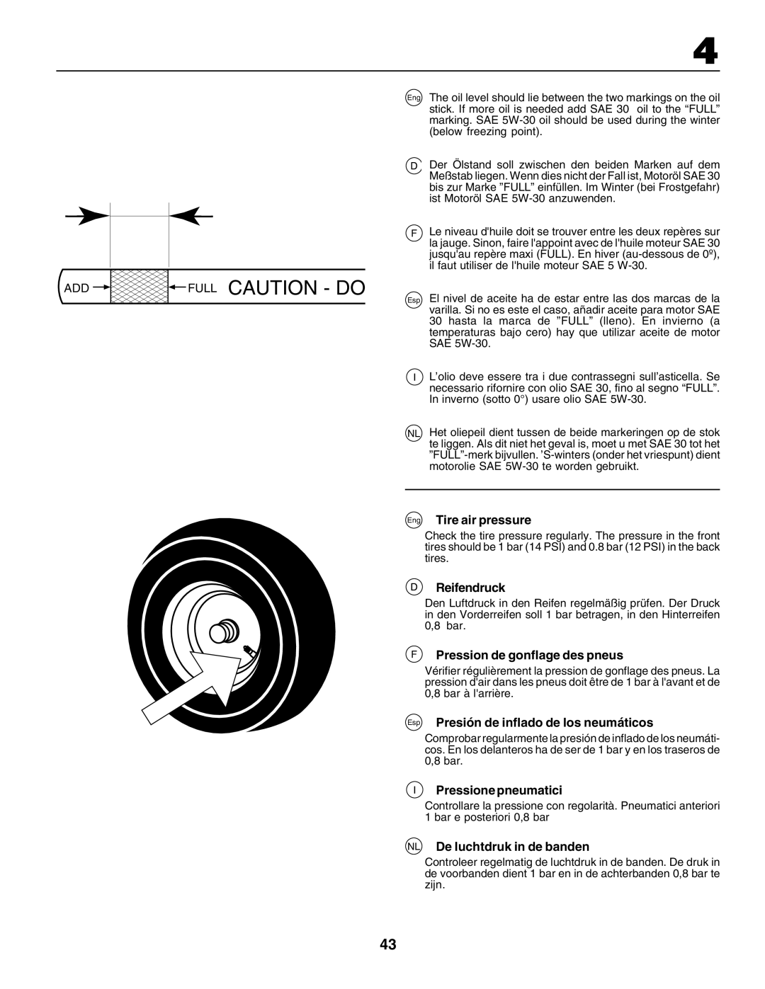 Husqvarna GTH250 instruction manual Full Caution - Do, Eng Tire air pressure, Reifendruck, F Pression de gonflage des pneus 