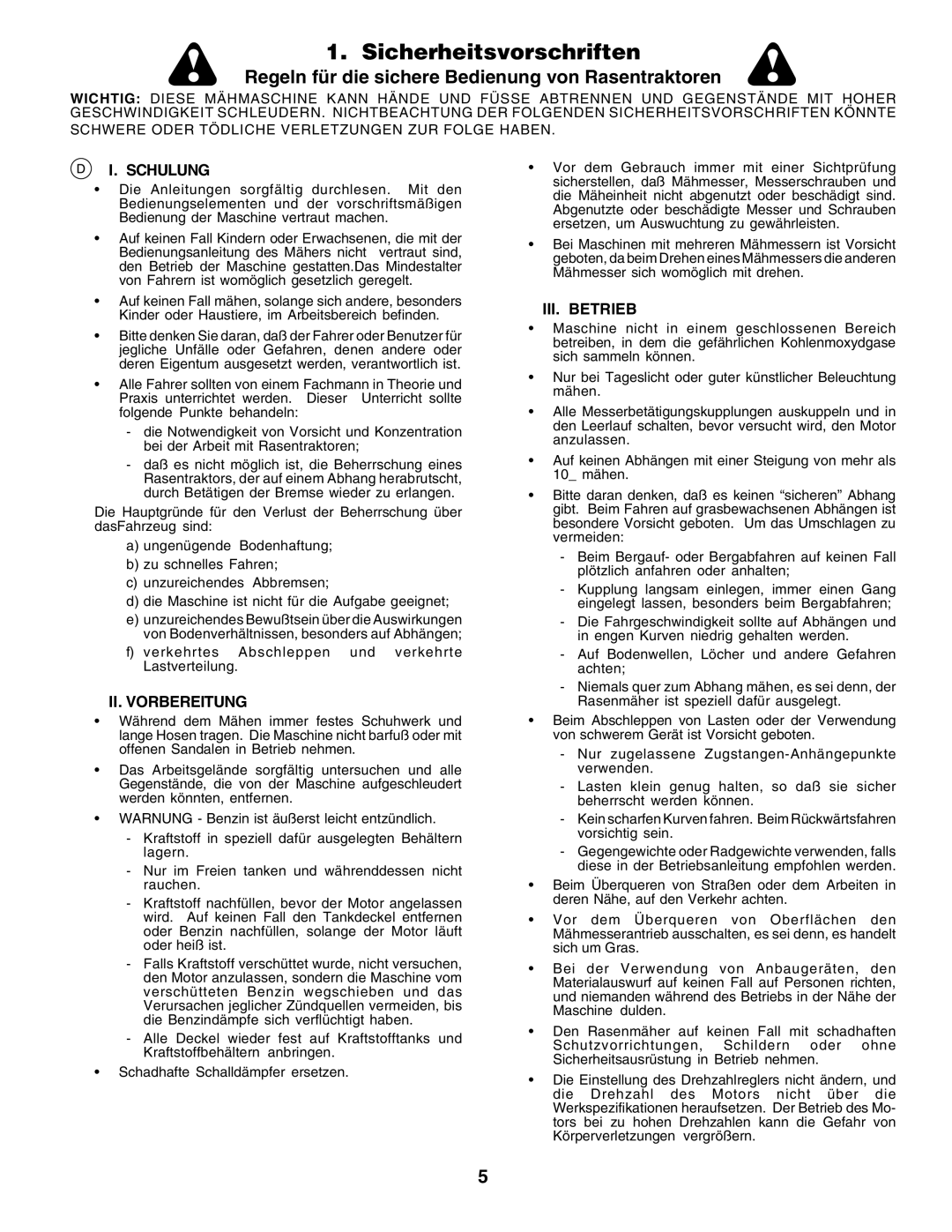 Husqvarna GTH250 Sicherheitsvorschriften, Regeln für die sichere Bedienung von Rasentraktoren, I. Schulung, Iii. Betrieb 
