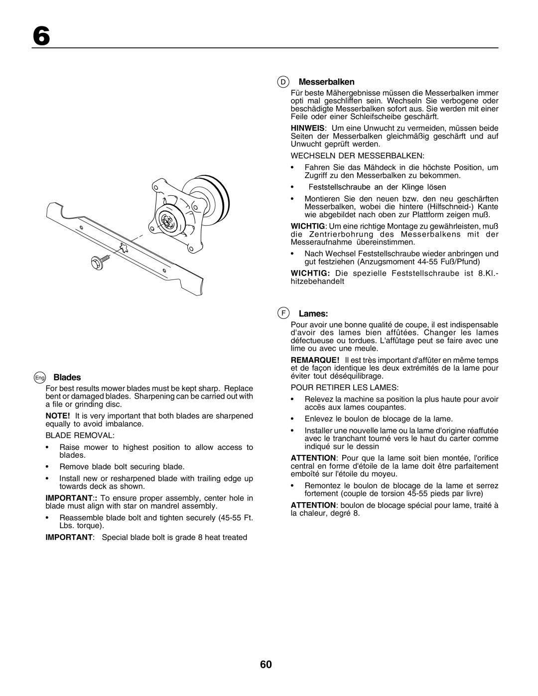 Husqvarna GTH250 instruction manual Eng Blades, Messerbalken, F Lames 
