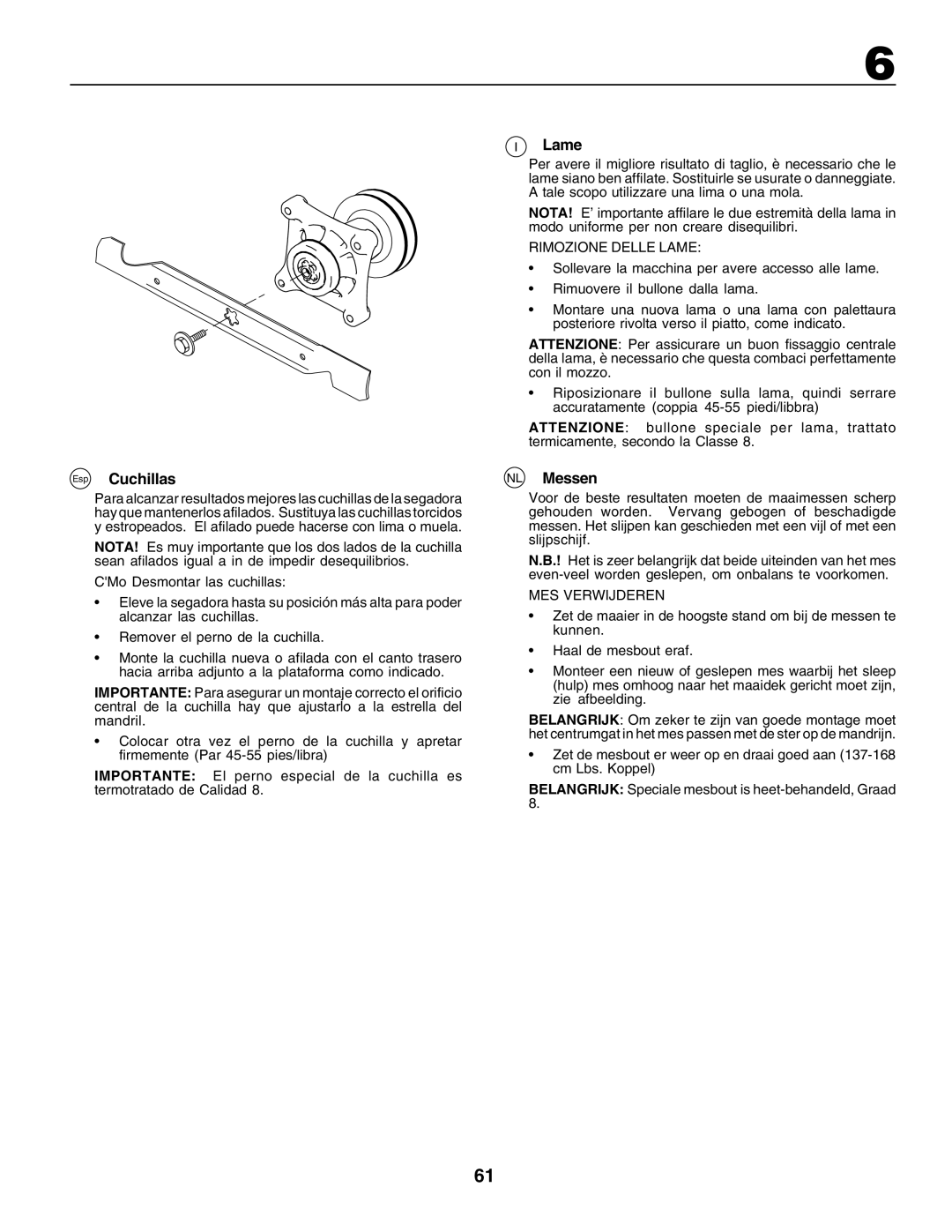 Husqvarna GTH250 instruction manual Esp Cuchillas, Lame, NL Messen 
