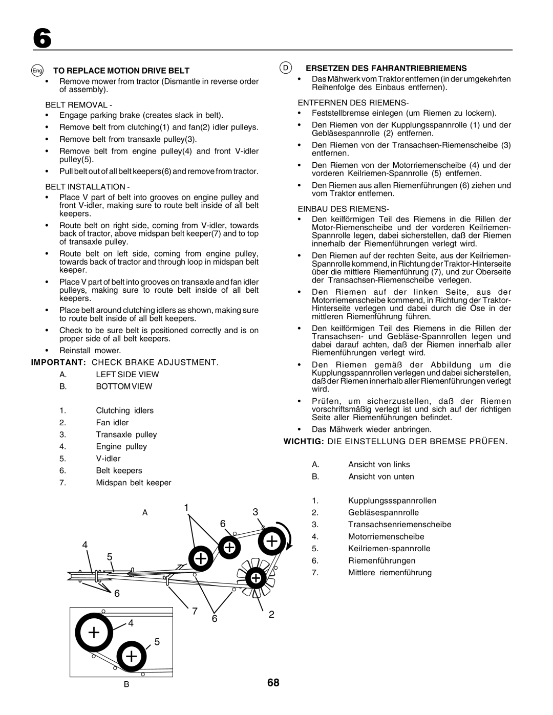 Husqvarna GTH250 instruction manual Eng TO REPLACE MOTION DRIVE BELT, Ersetzen Des Fahrantriebriemens 