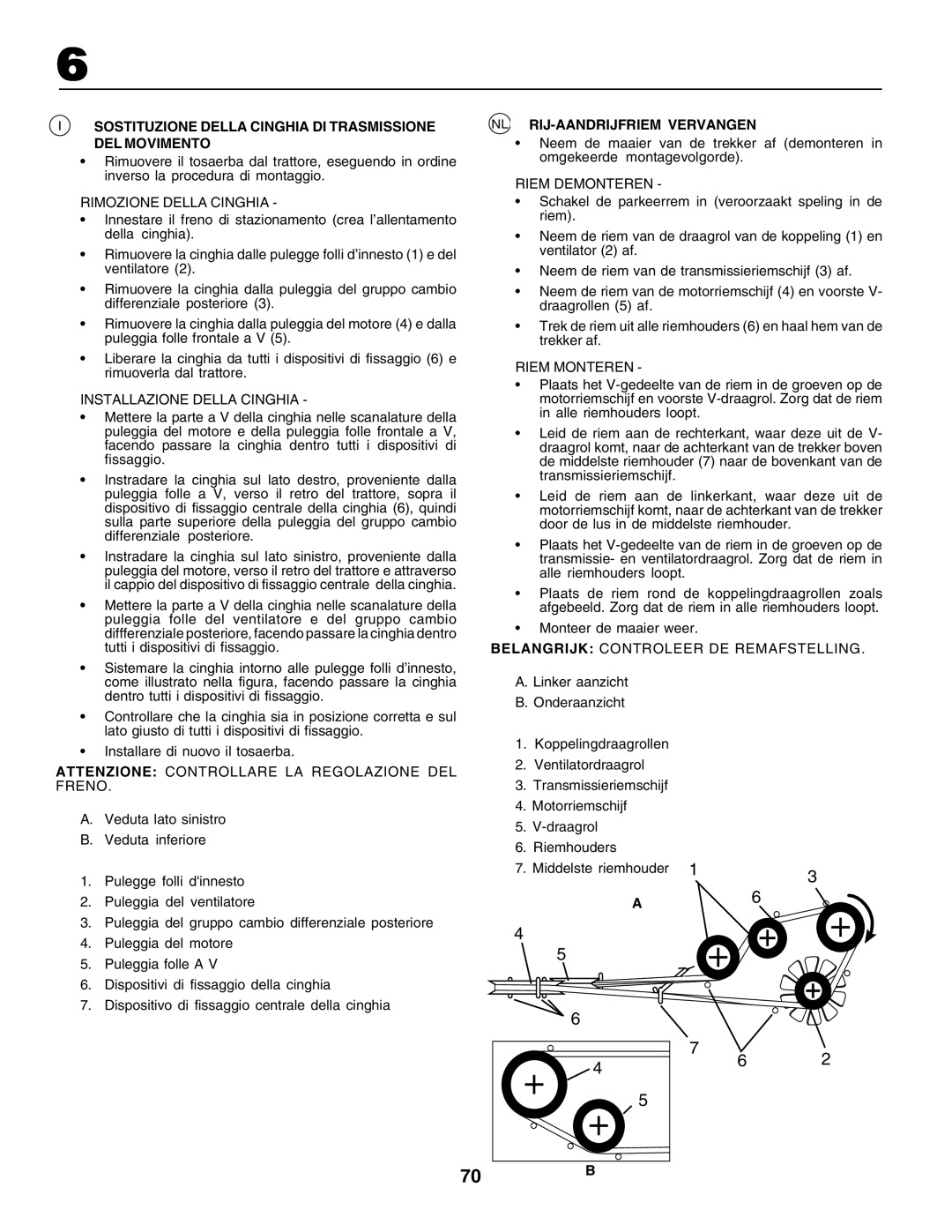 Husqvarna GTH250 instruction manual Sostituzione Della Cinghia Di Trasmissione Del Movimento, Nl Rij-Aandrijfriem Vervangen 