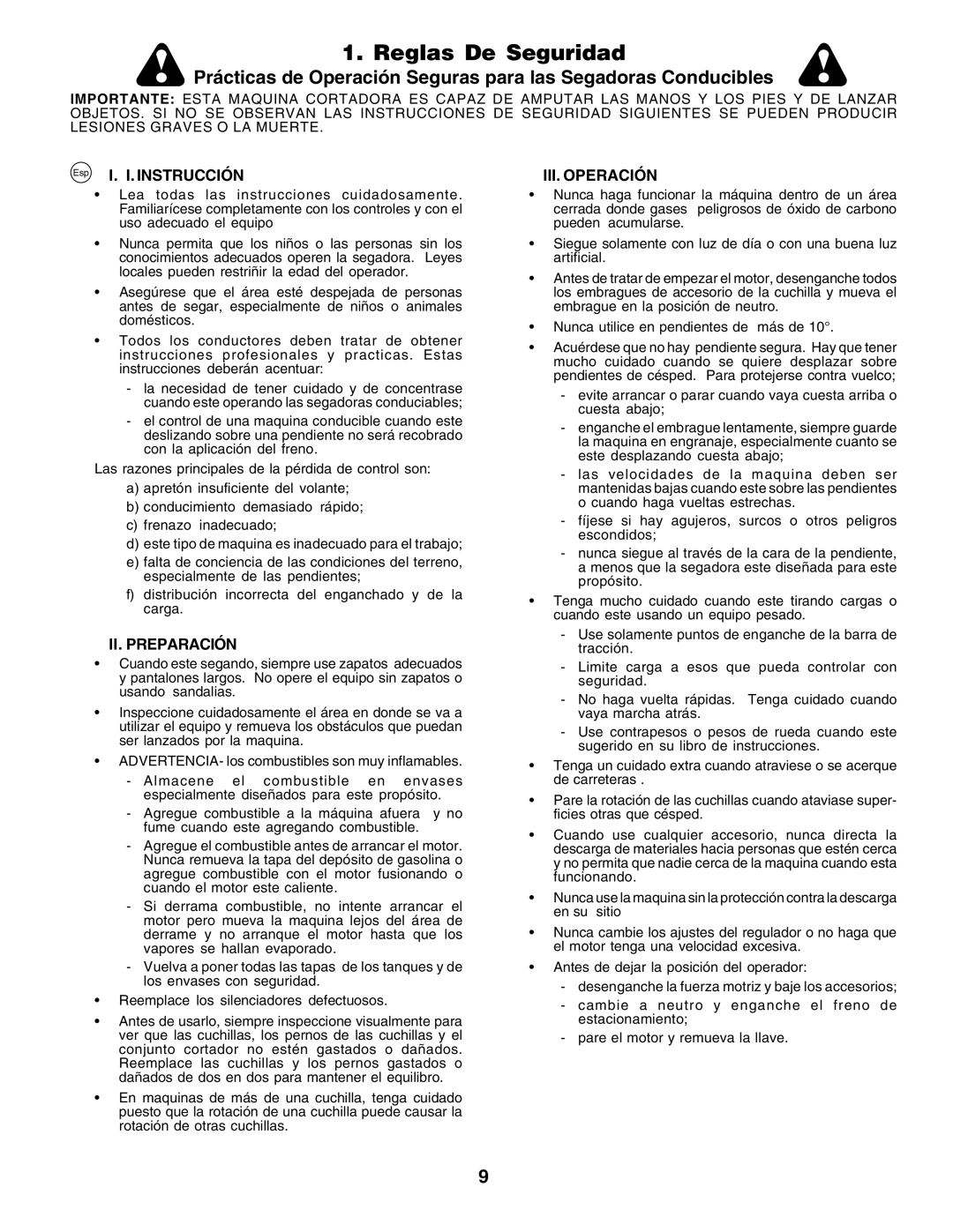 Husqvarna GTH250 Reglas De Seguridad, Prácticas de Operación Seguras para las Segadoras Conducibles, I. I. Instrucción 