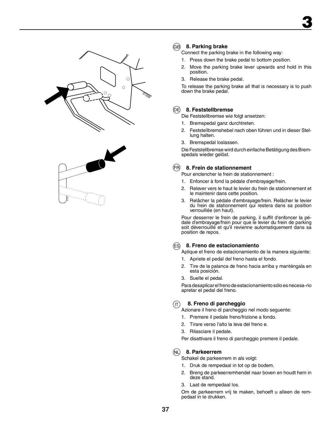 Husqvarna GTH250XP Parking brake, Feststellbremse, Frein de stationnement, Freno de estacionamiento, Freno di parcheggio 