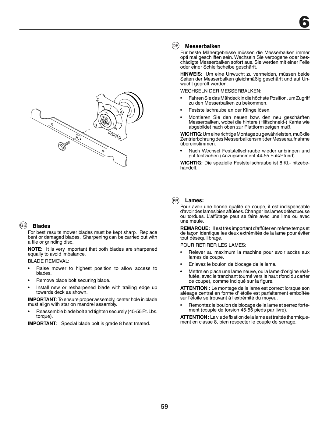 Husqvarna GTH250XP instruction manual Blades, Messerbalken, Lames 