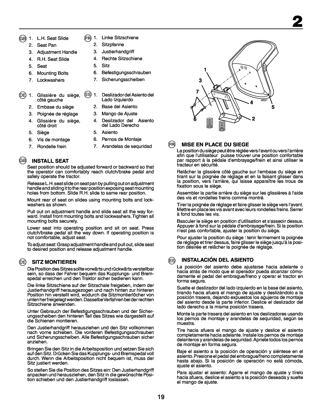 Husqvarna GTH250XP instruction manual Install Seat, Sitz Montieren, Mise En Place Du Siege, Instalación Del Asiento 