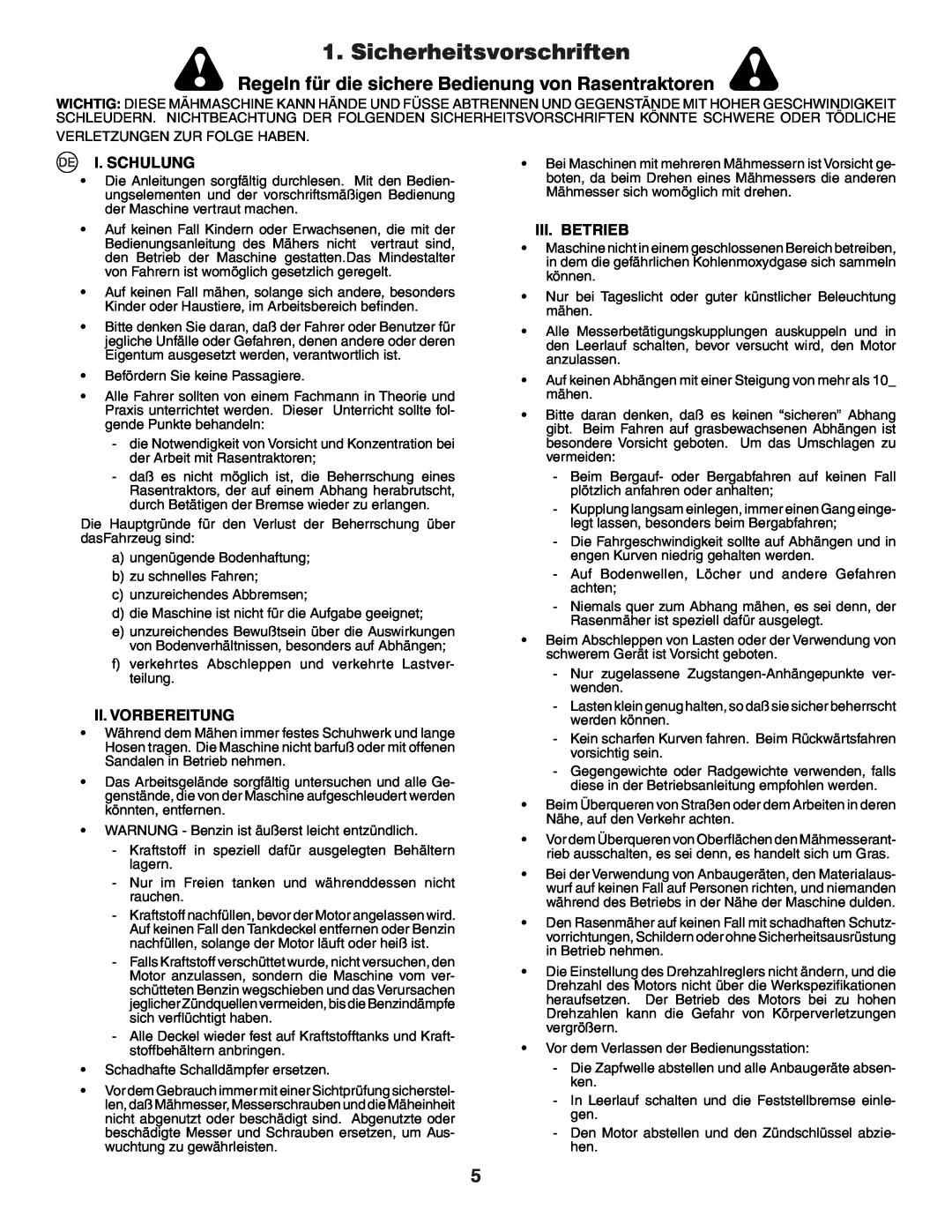Husqvarna GTH250XP Sicherheitsvorschriften, Regeln für die sichere Bedienung von Rasentraktoren, I. Schulung, Iii. Betrieb 