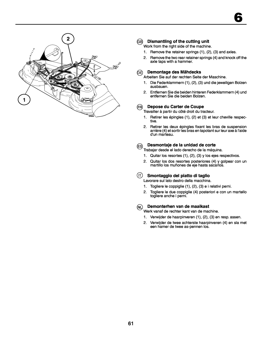 Husqvarna GTH250XP instruction manual Dismantling of the cutting unit, Demontage des Mähdecks, Depose du Carter de Coupe 