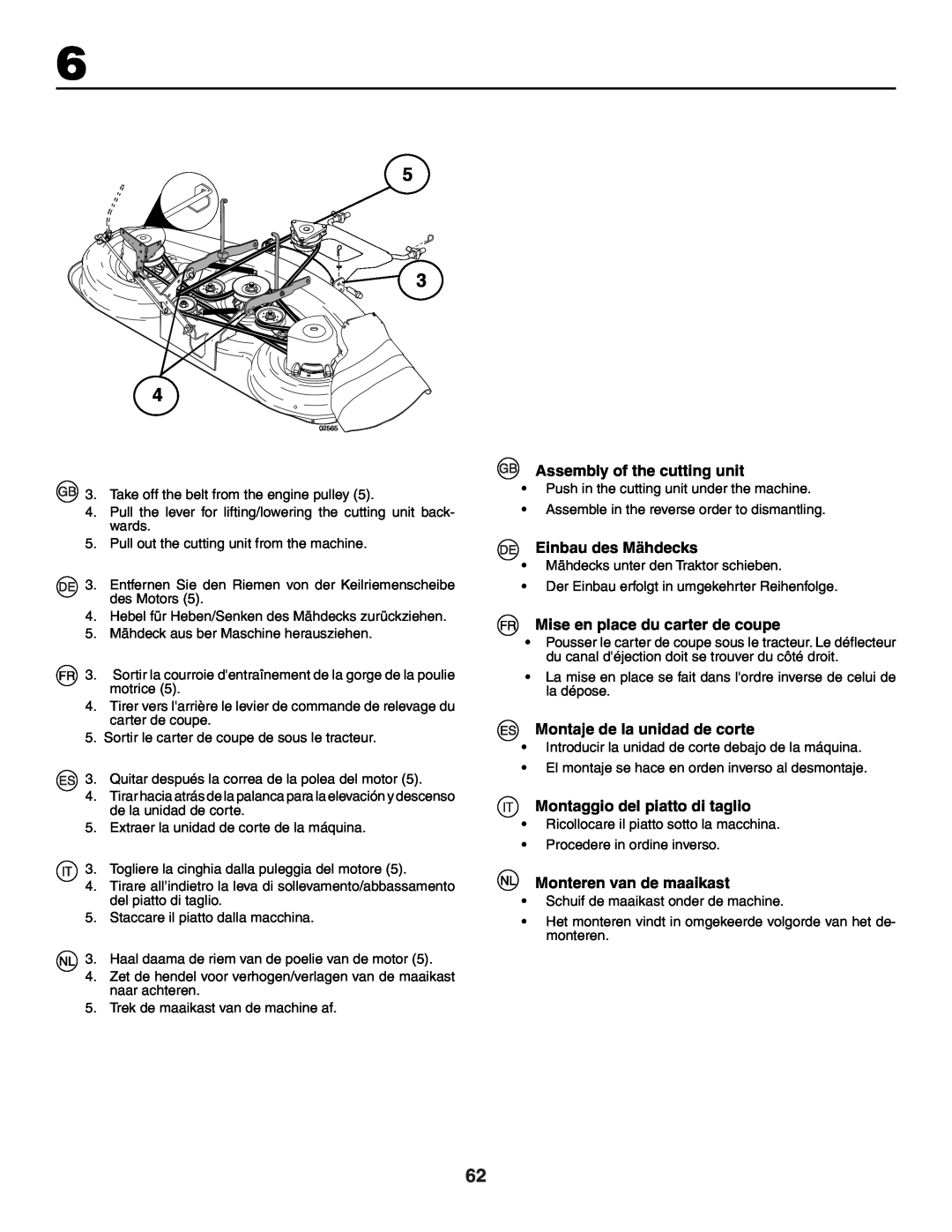 Husqvarna GTH250XP instruction manual Assembly of the cutting unit, Einbau des Mähdecks, Mise en place du carter de coupe 