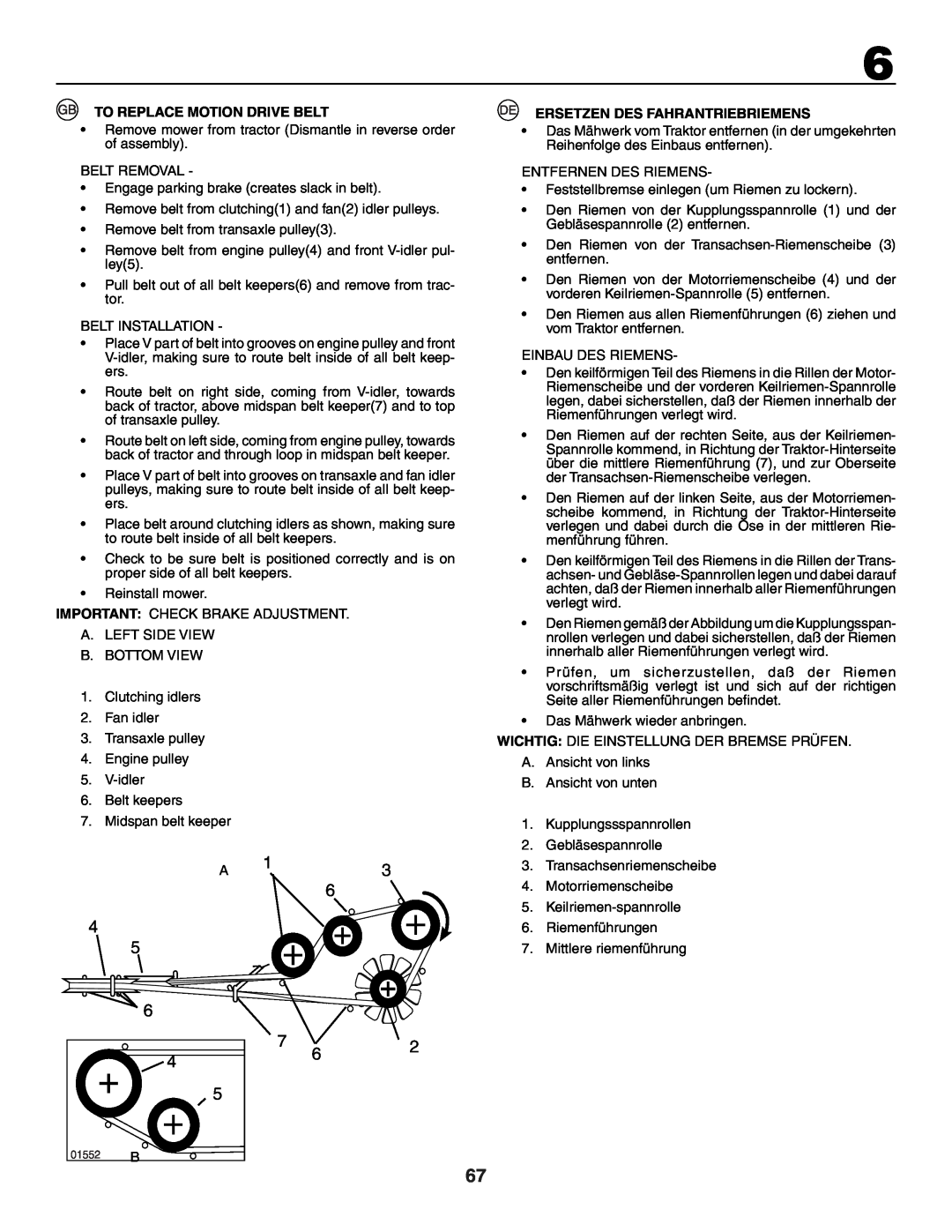 Husqvarna GTH250XP instruction manual To Replace Motion Drive Belt, Ersetzen Des Fahrantriebriemens, 01552 B 