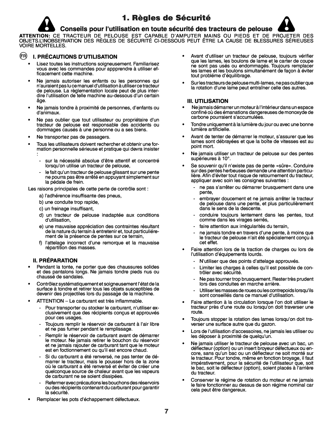 Husqvarna GTH250XP 1. Règles de Sécurité, Conseils pour lutilisation en toute sécurité des tracteurs de pelouse 