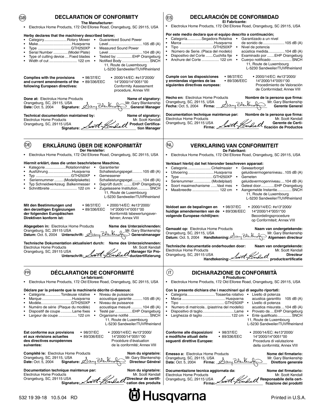 Husqvarna GTH250XP instruction manual Declaration Of Conformity, Declaración De Conformidad, Erklärung Über Die Konformität 