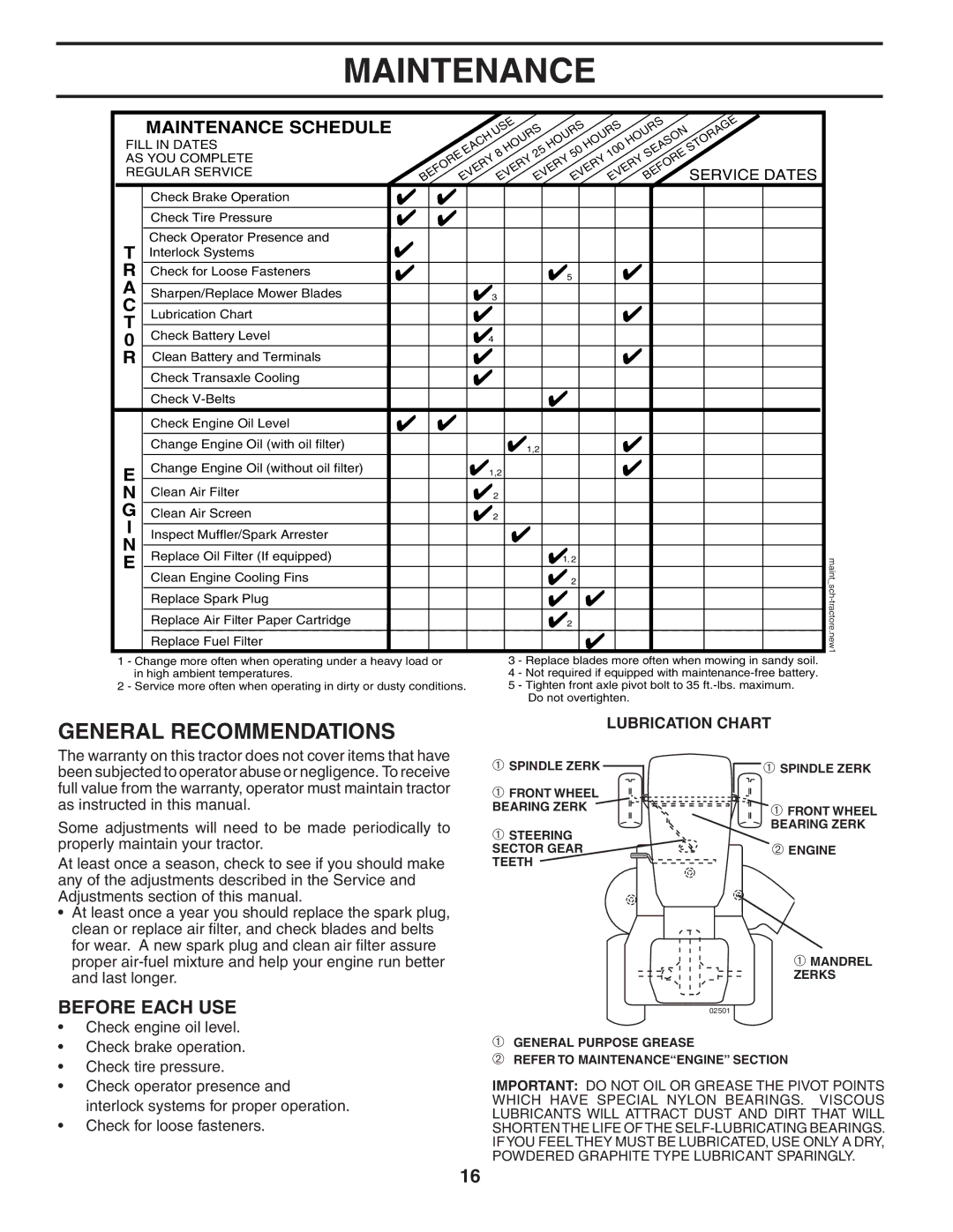 Husqvarna GTH2548 owner manual Maintenance, General Recommendations, Before Each USE 