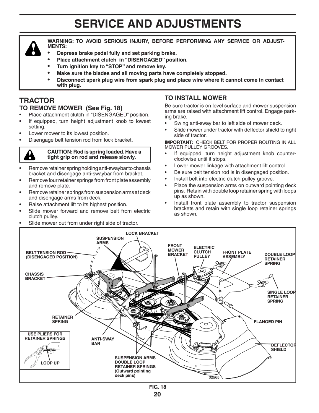 Husqvarna GTH2548 owner manual Service and Adjustments, To Remove Mower See Fig, To Install Mower 