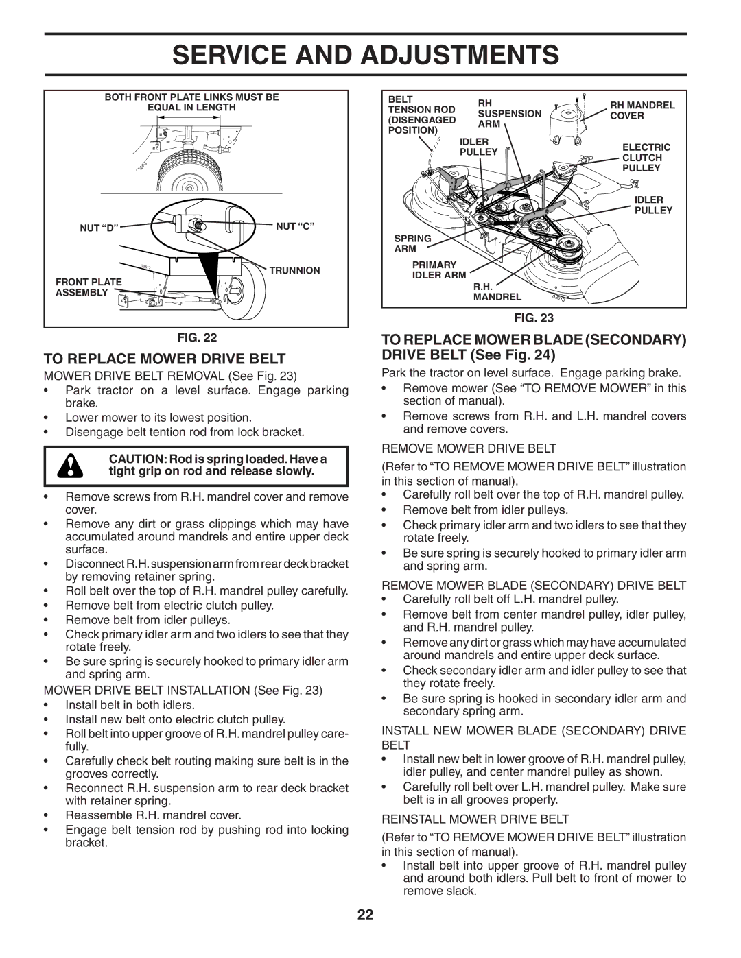 Husqvarna GTH2548 owner manual To Replace Mower Drive Belt, To Replace Mower Blade Secondary Drive Belt See Fig 